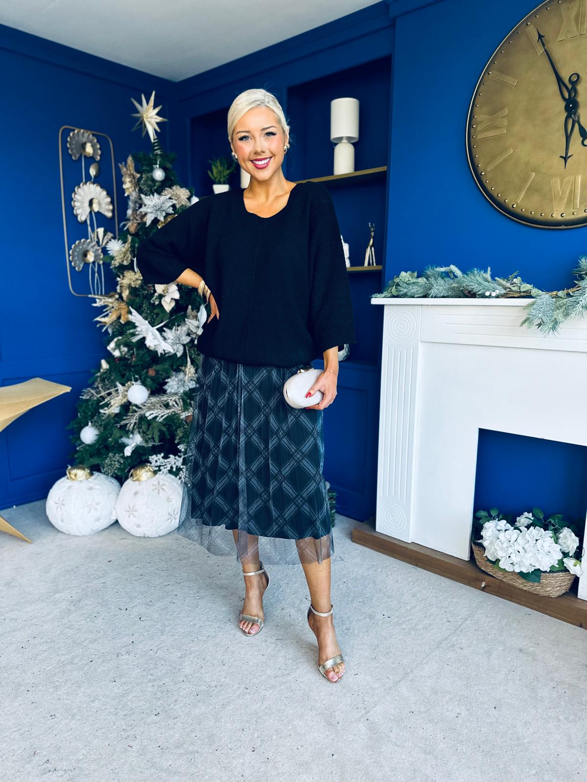 Crystal Knit & Tulle Midi Dress Black