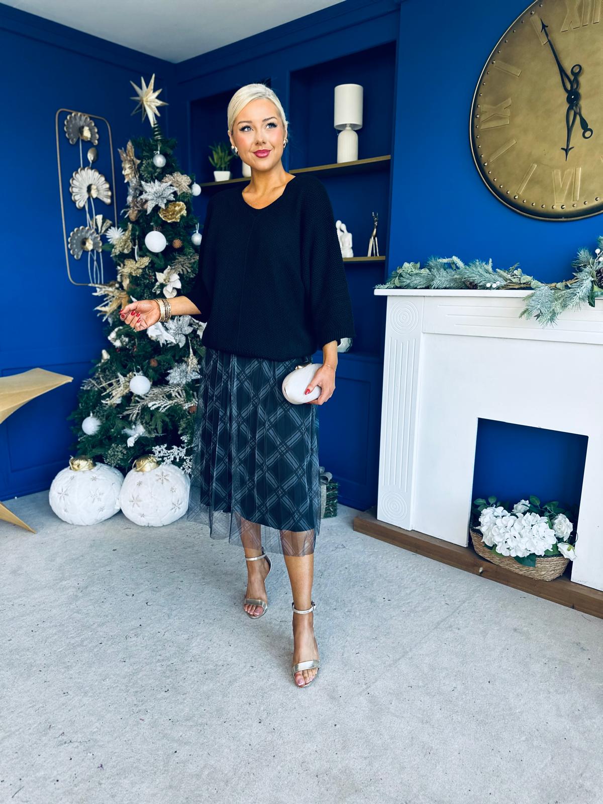 Crystal Knit & Tulle Midi Dress Black