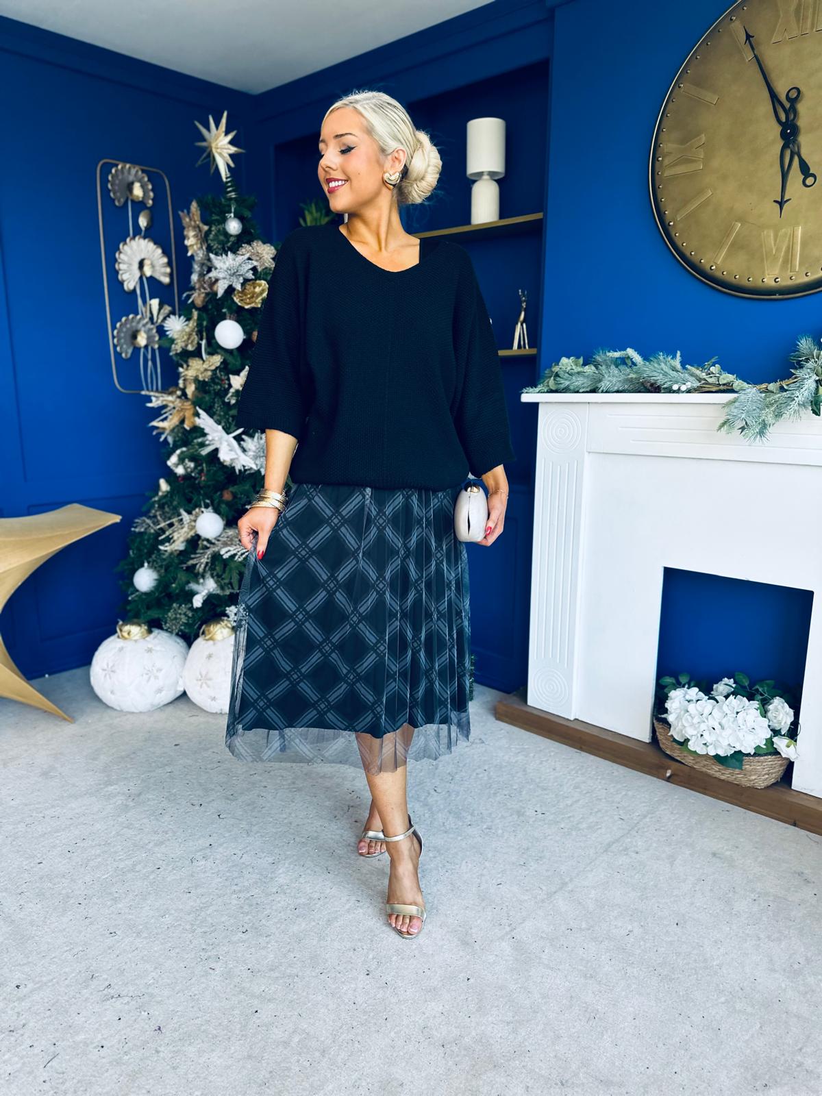 Crystal Knit & Tulle Midi Dress Black