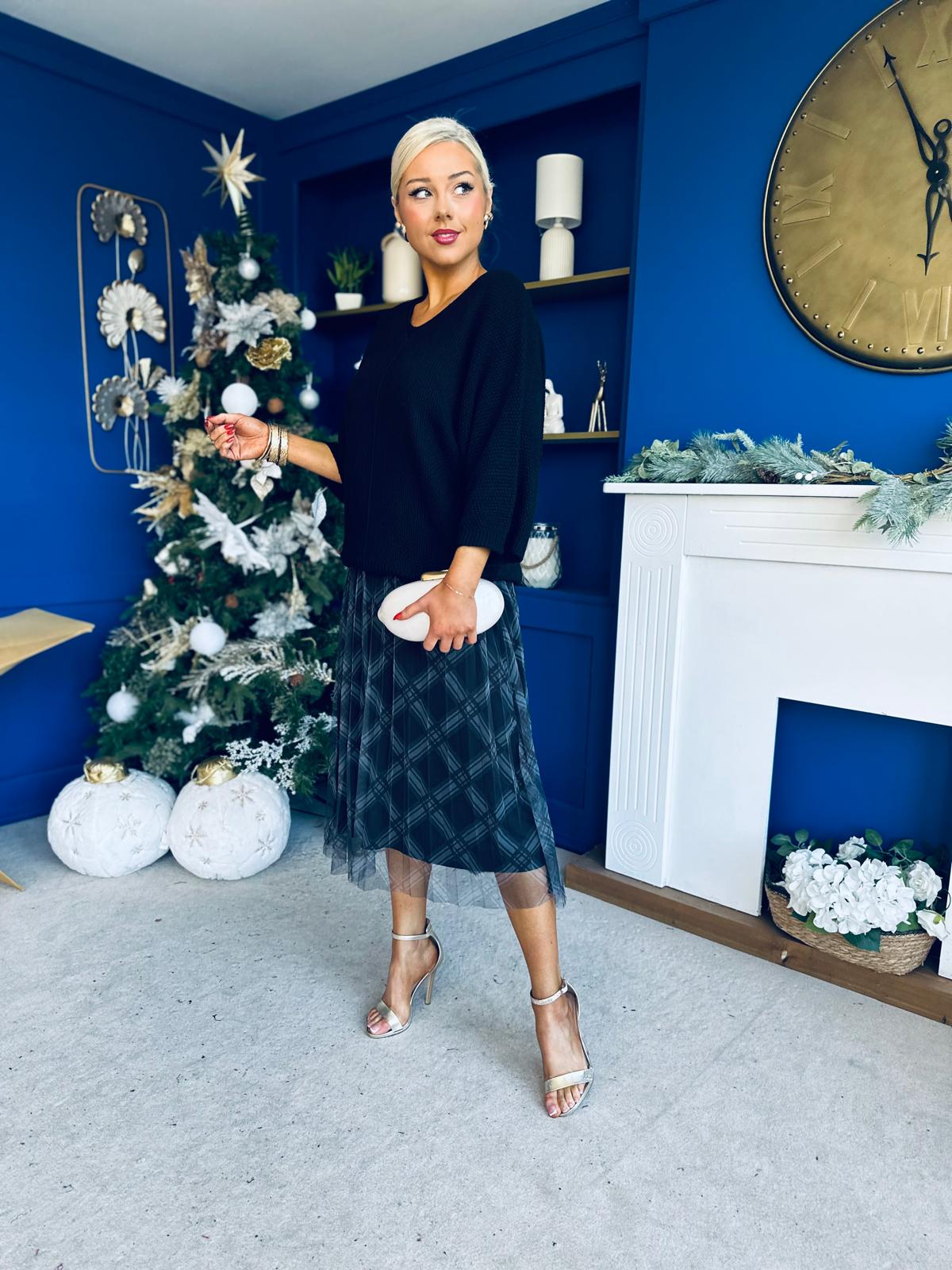 Crystal Knit & Tulle Midi Dress Black