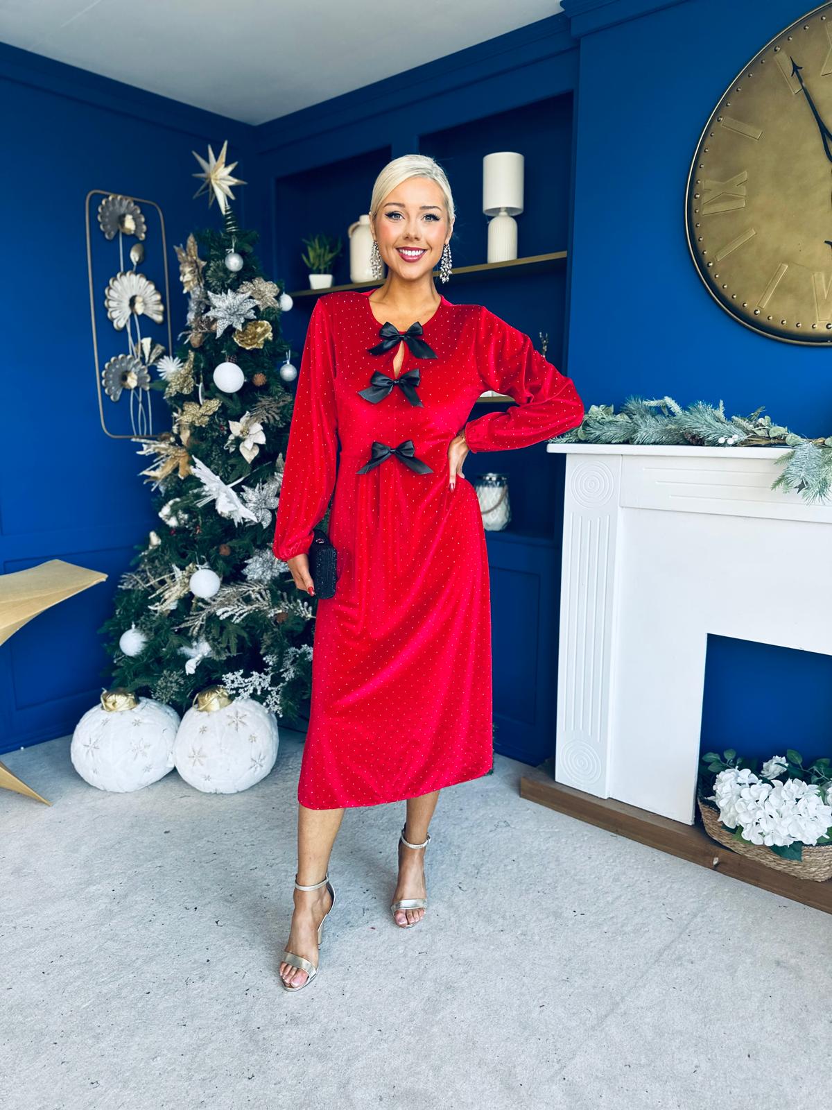 Michelle Bow Detail Studded Velvet Midi Dress Red