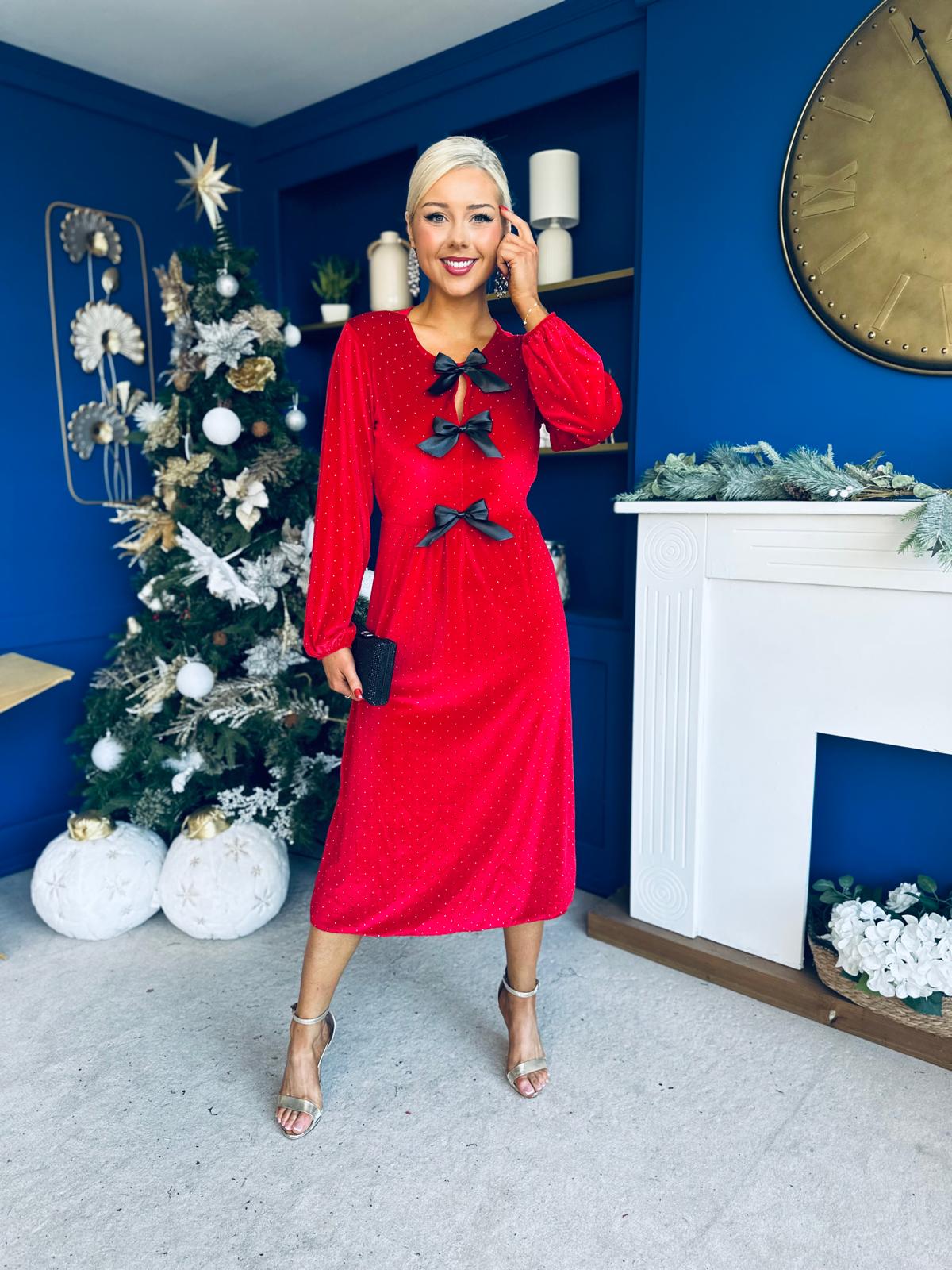 Michelle Bow Detail Studded Velvet Midi Dress Red