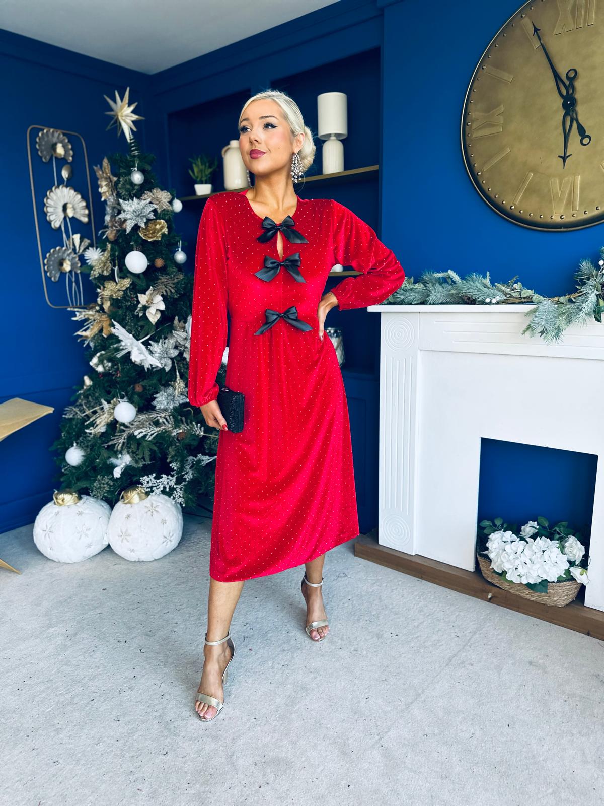 Michelle Bow Detail Studded Velvet Midi Dress Red