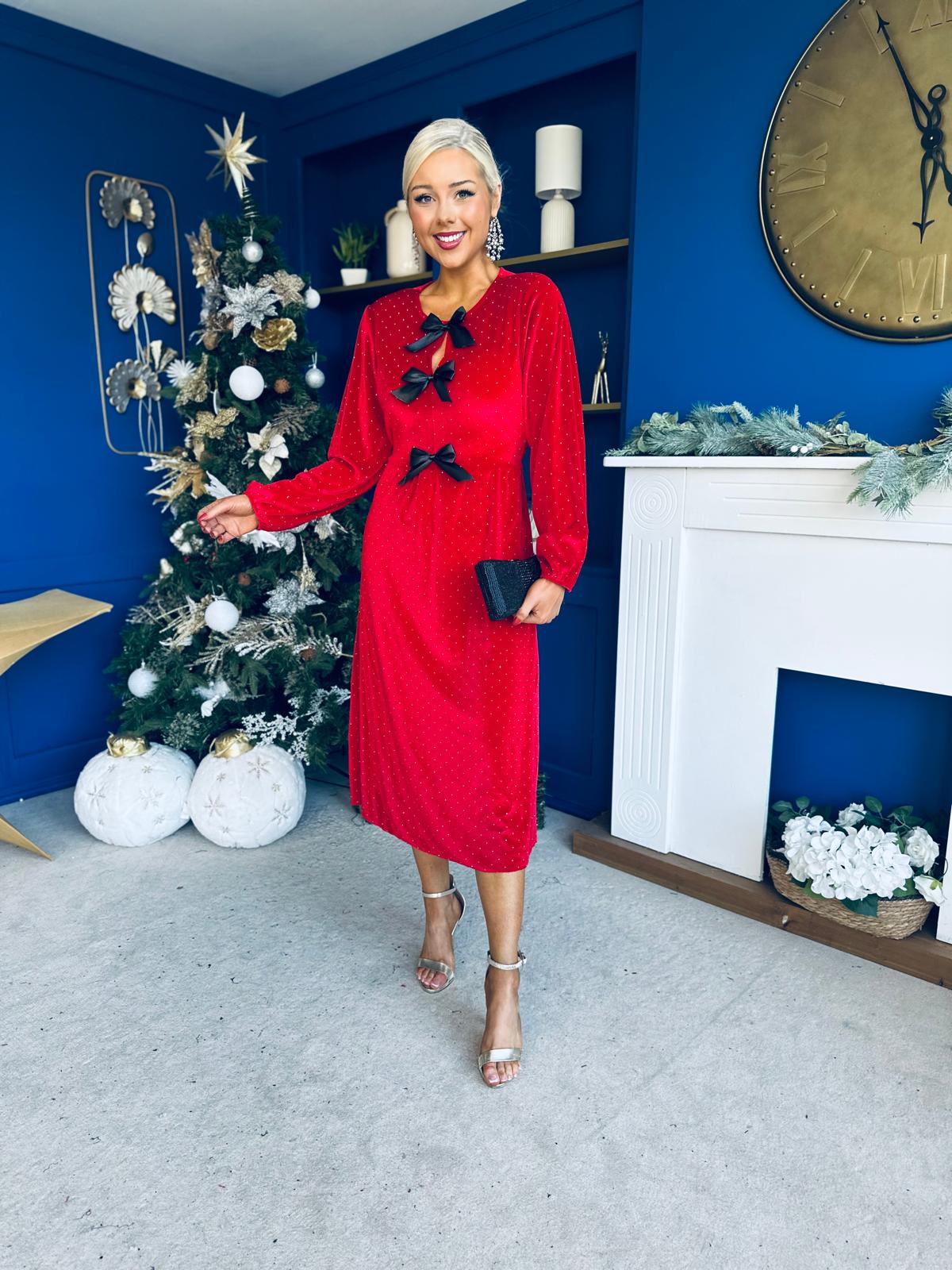 Michelle Bow Detail Studded Velvet Midi Dress Red