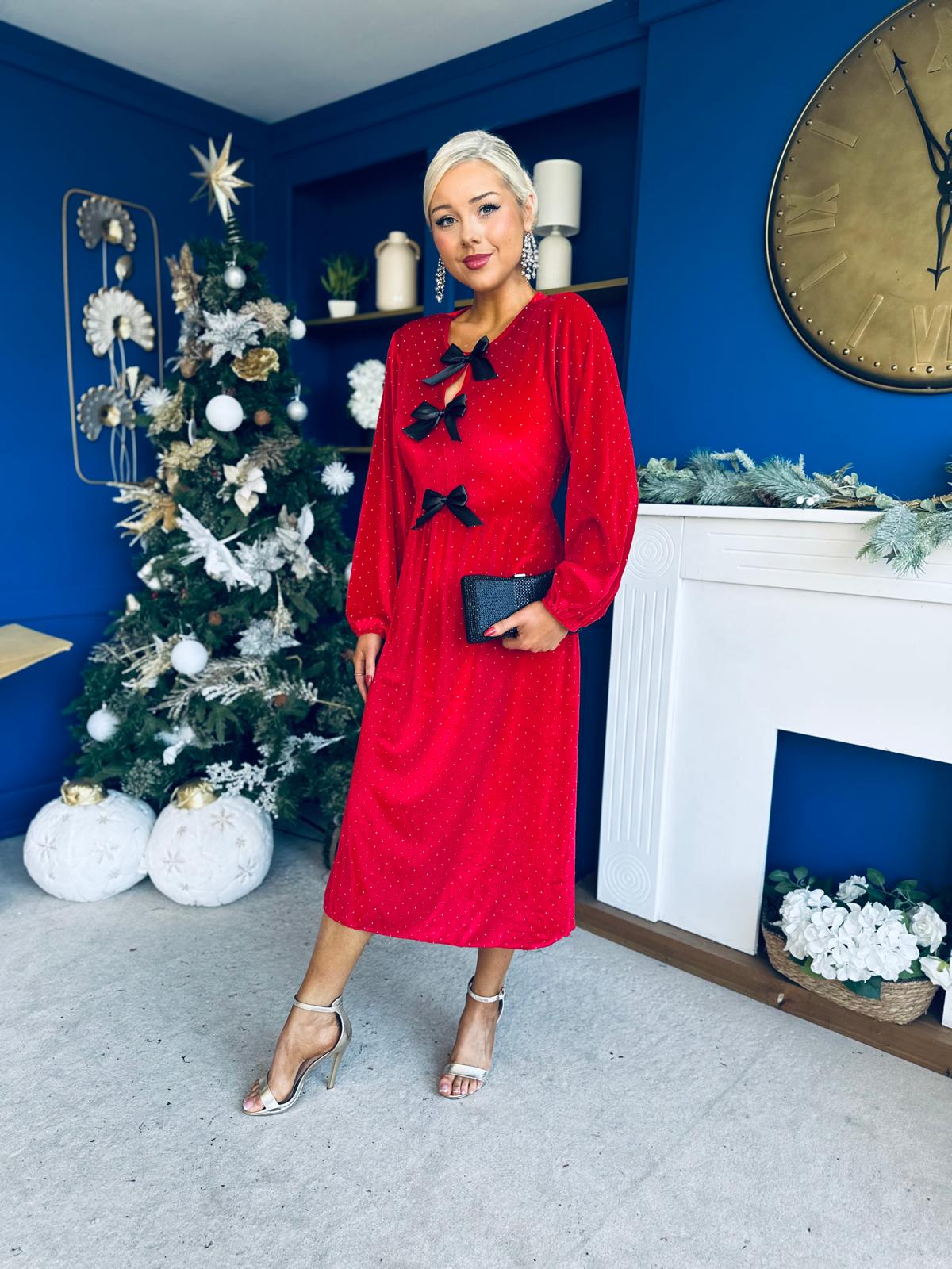 Michelle Bow Detail Studded Velvet Midi Dress Red