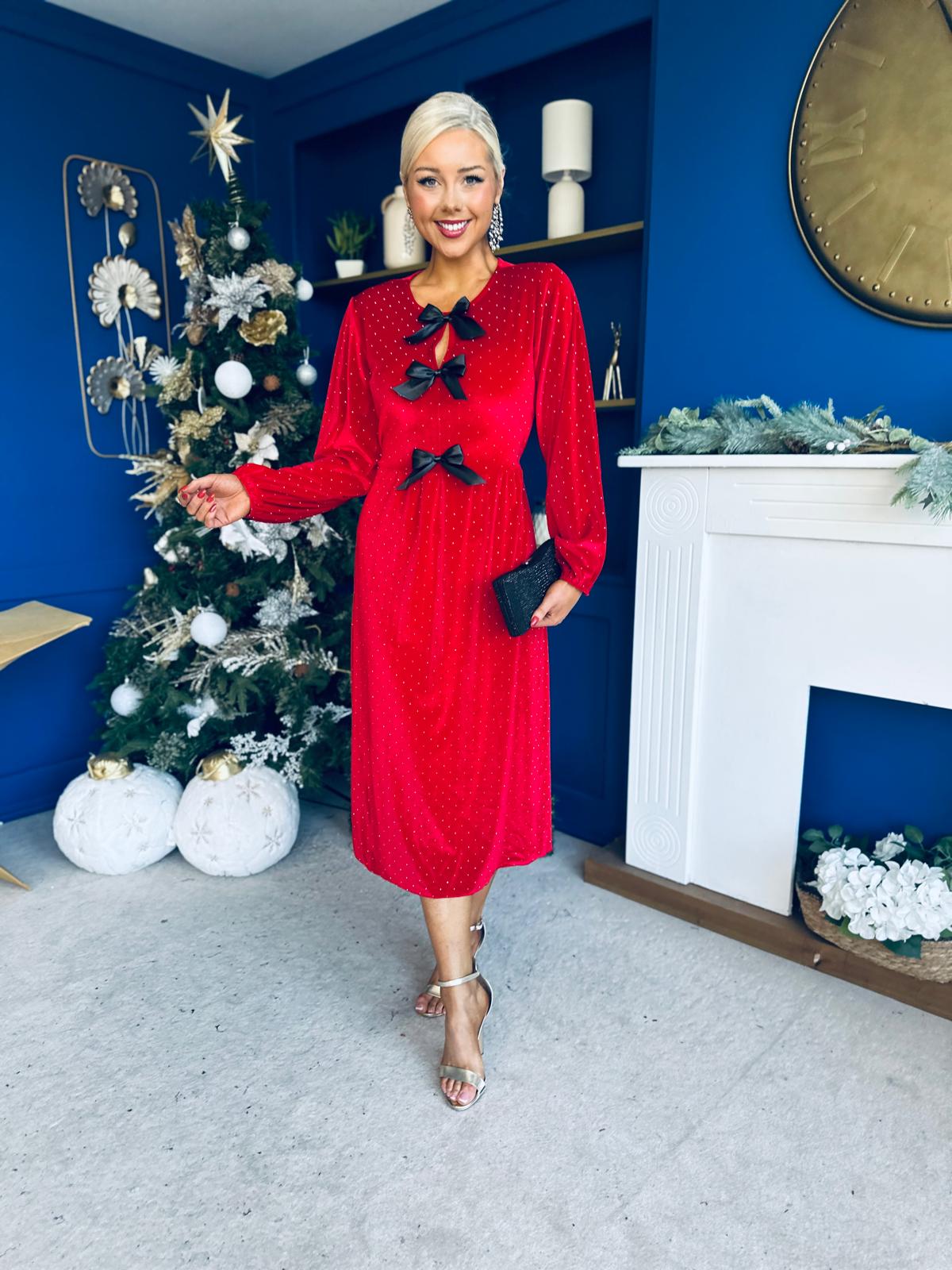 Michelle Bow Detail Studded Velvet Midi Dress Red