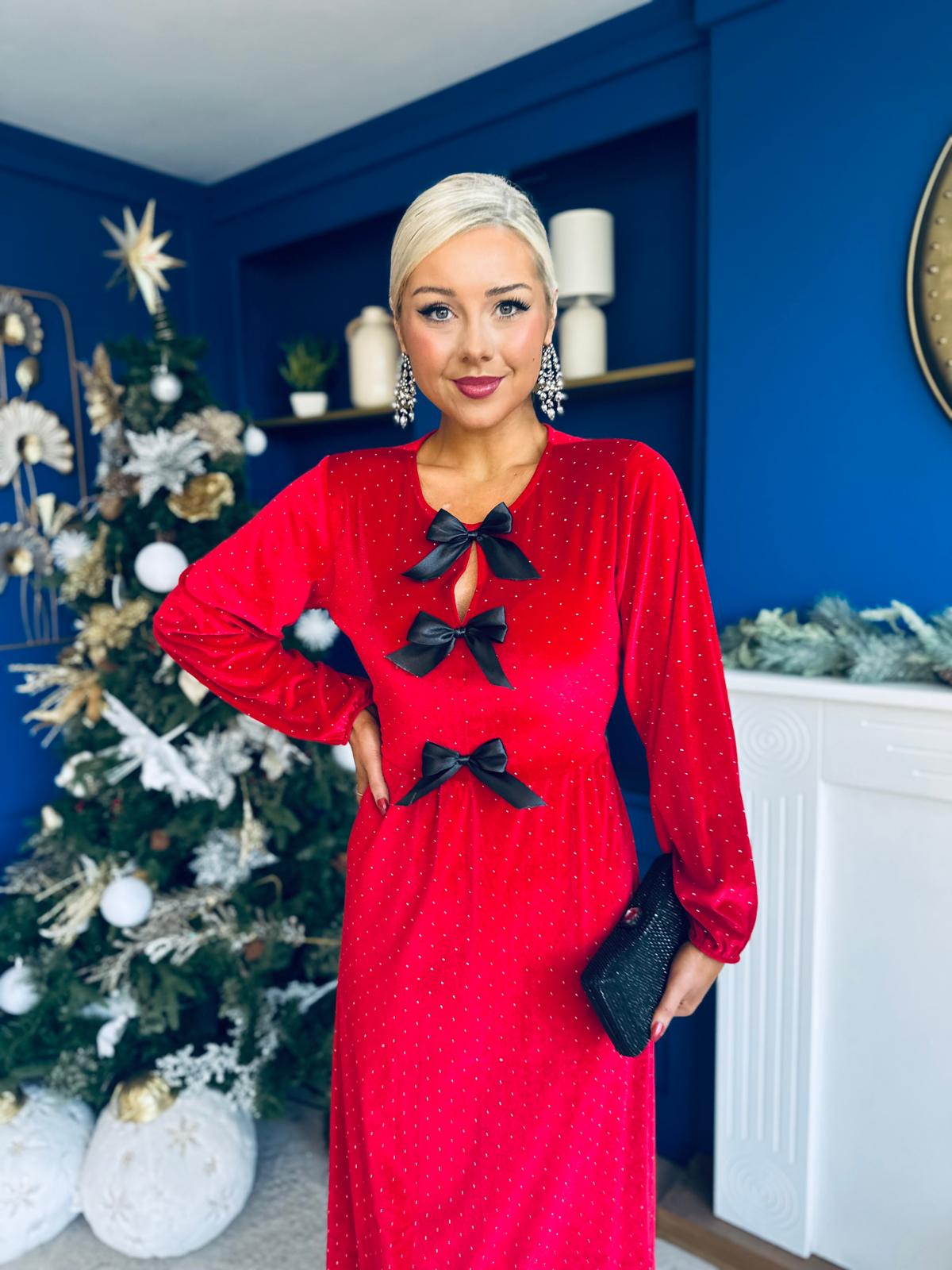 Michelle Bow Detail Studded Velvet Midi Dress Red