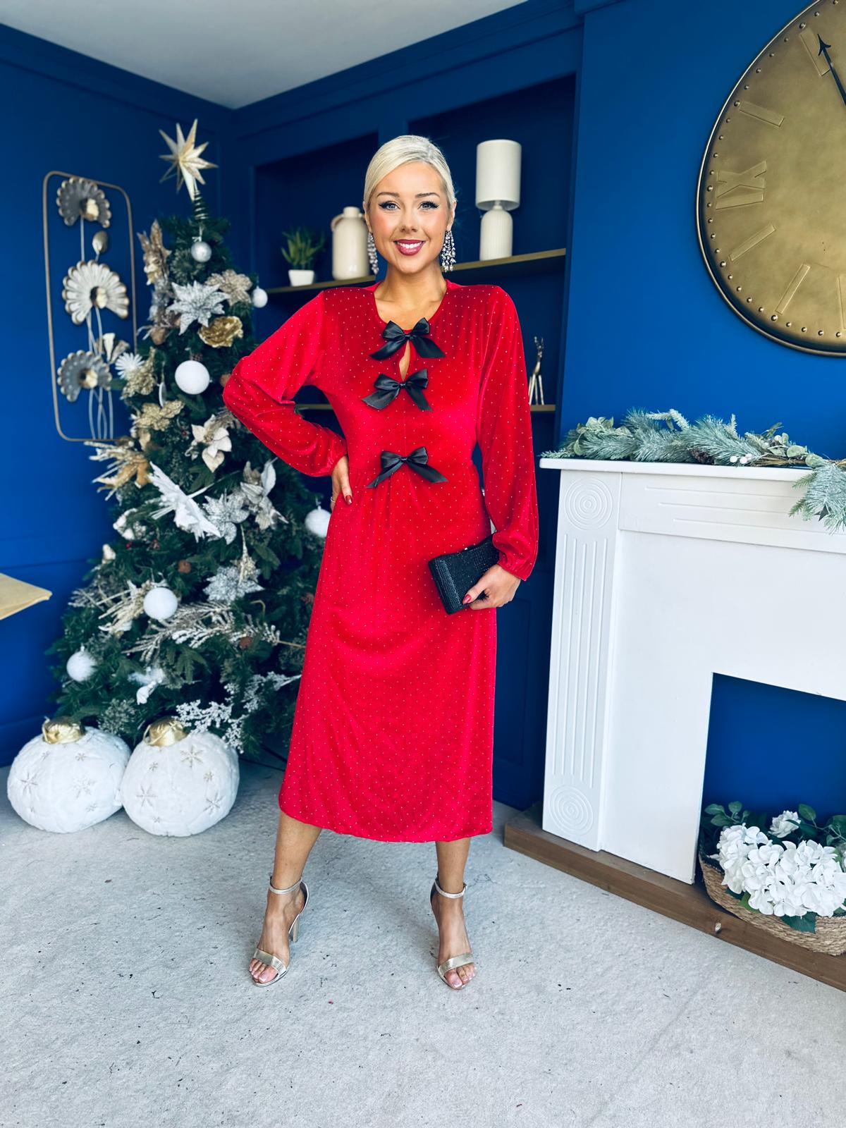 Michelle Bow Detail Studded Velvet Midi Dress Red