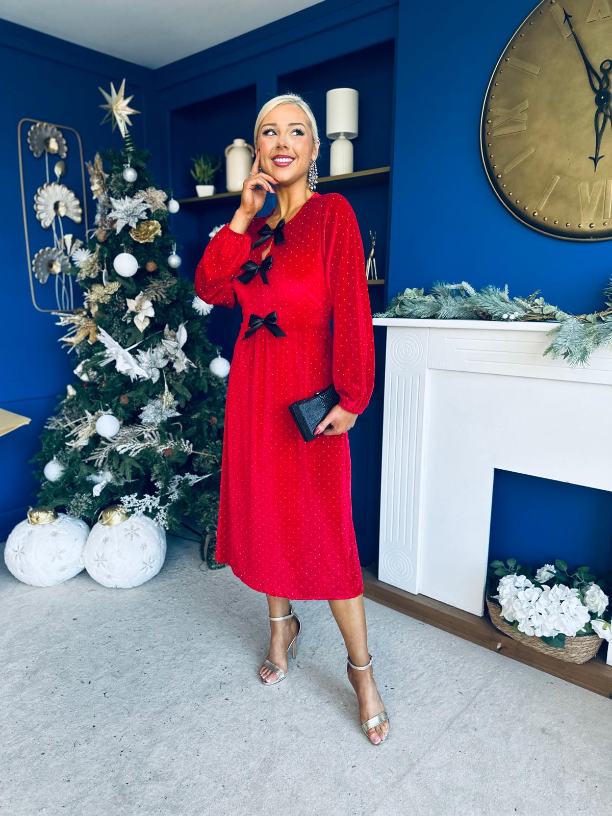 Michelle Bow Detail Studded Velvet Midi Dress Red