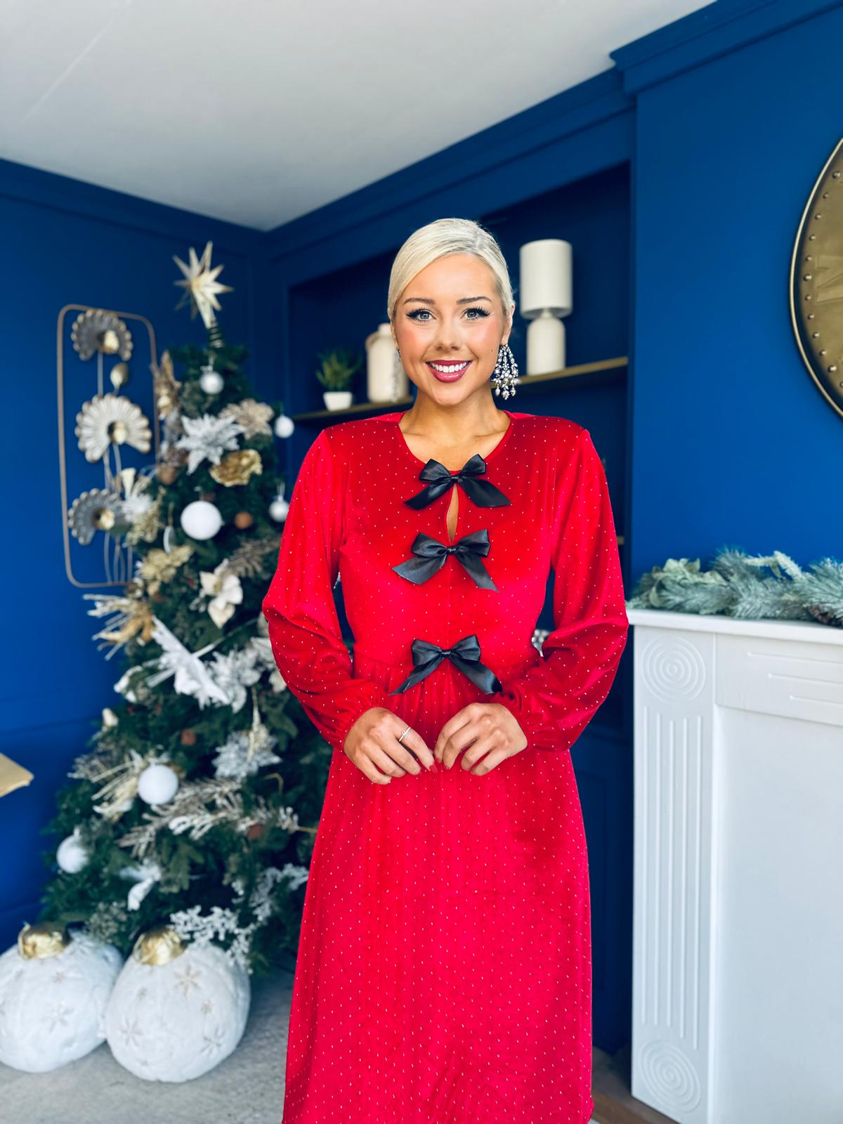 Michelle Bow Detail Studded Velvet Midi Dress Red