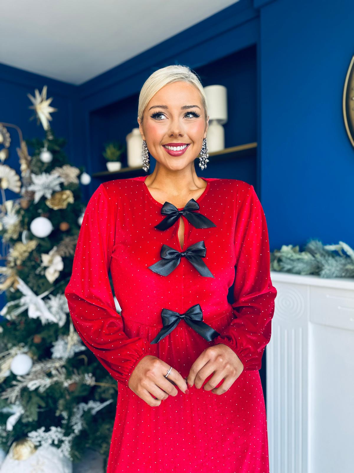 Michelle Bow Detail Studded Velvet Midi Dress Red