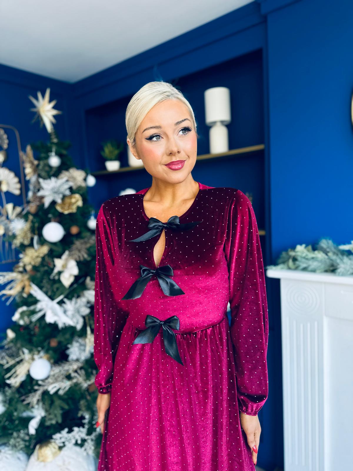 Michelle Bow Detail Studded Velvet Midi Dress Wine