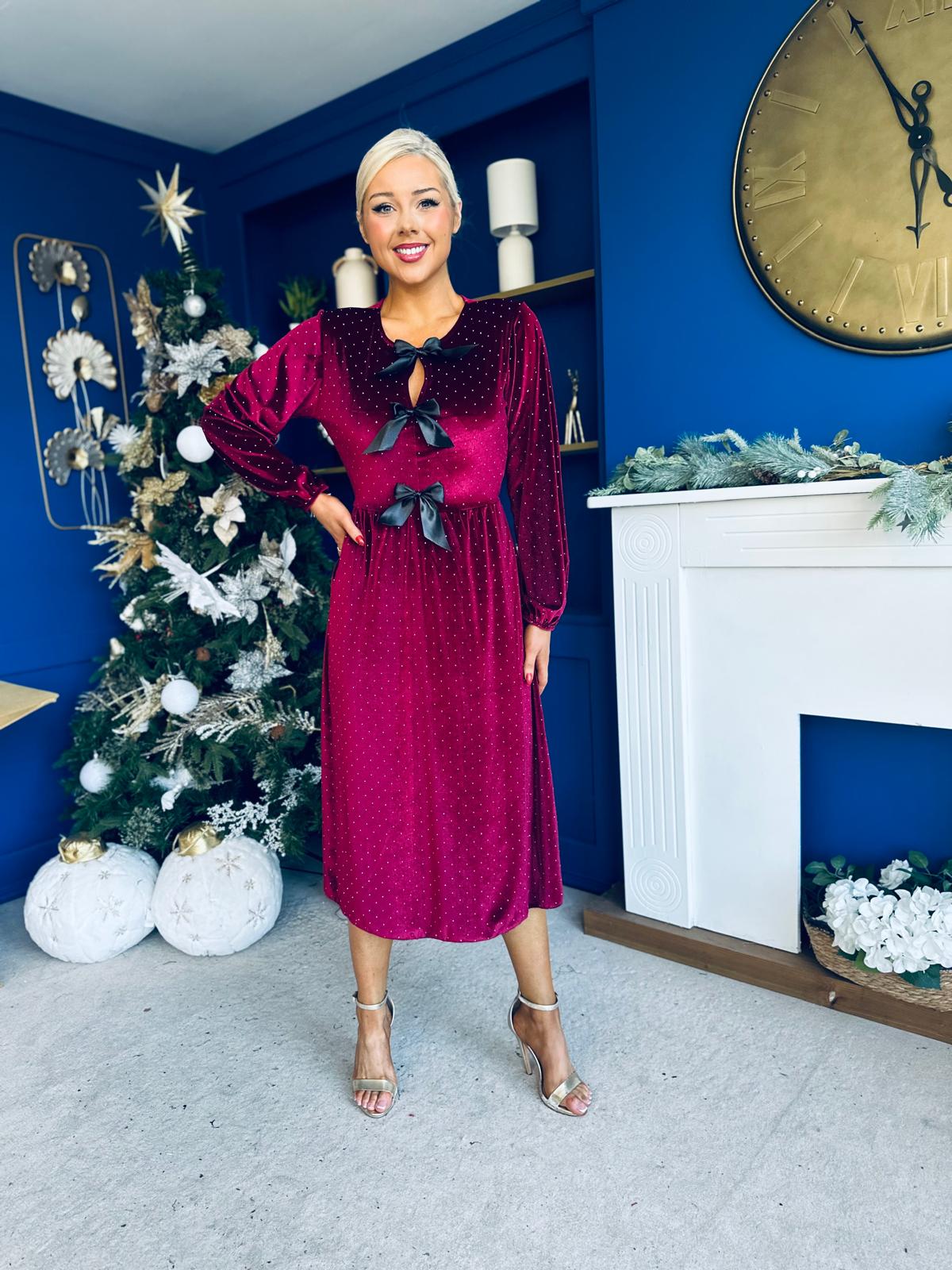 Michelle Bow Detail Studded Velvet Midi Dress Wine