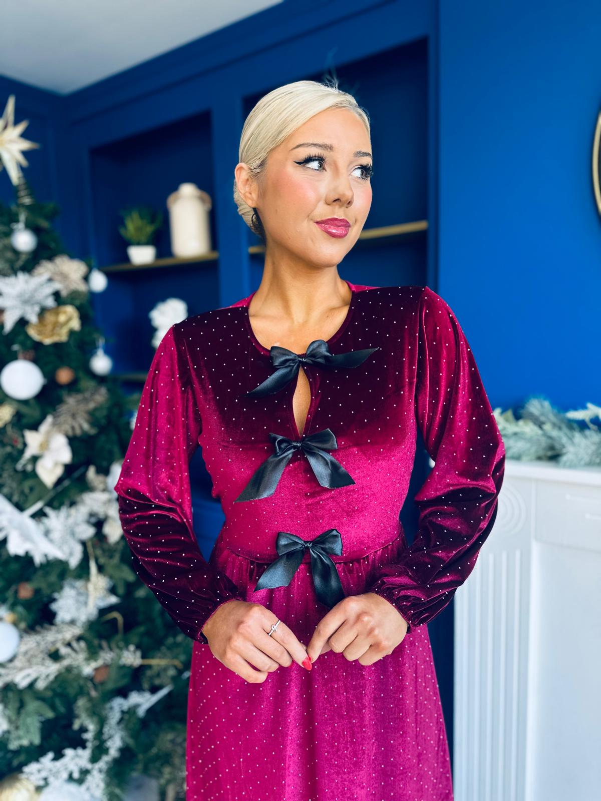 Michelle Bow Detail Studded Velvet Midi Dress Wine