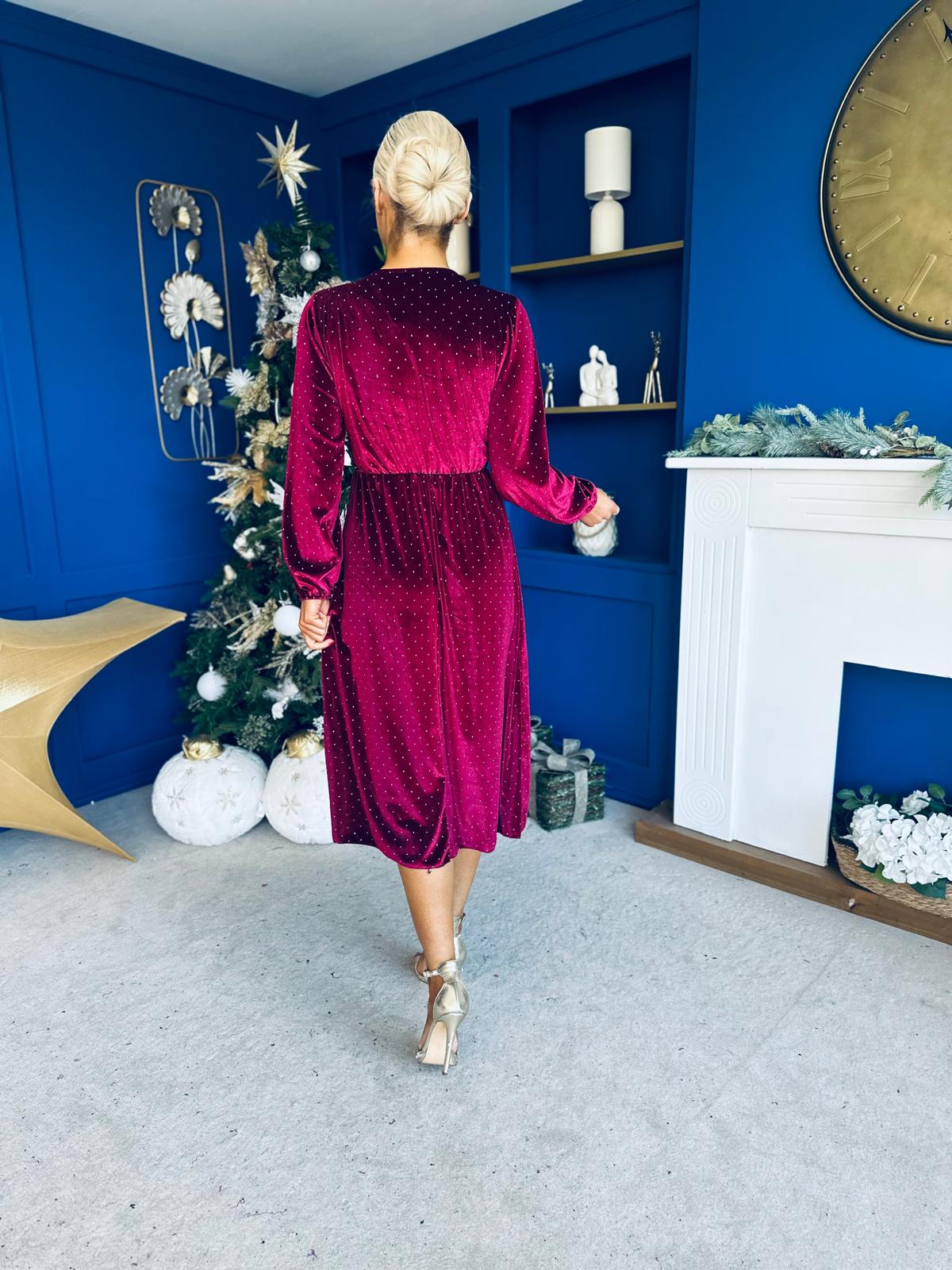 Michelle Bow Detail Studded Velvet Midi Dress Wine