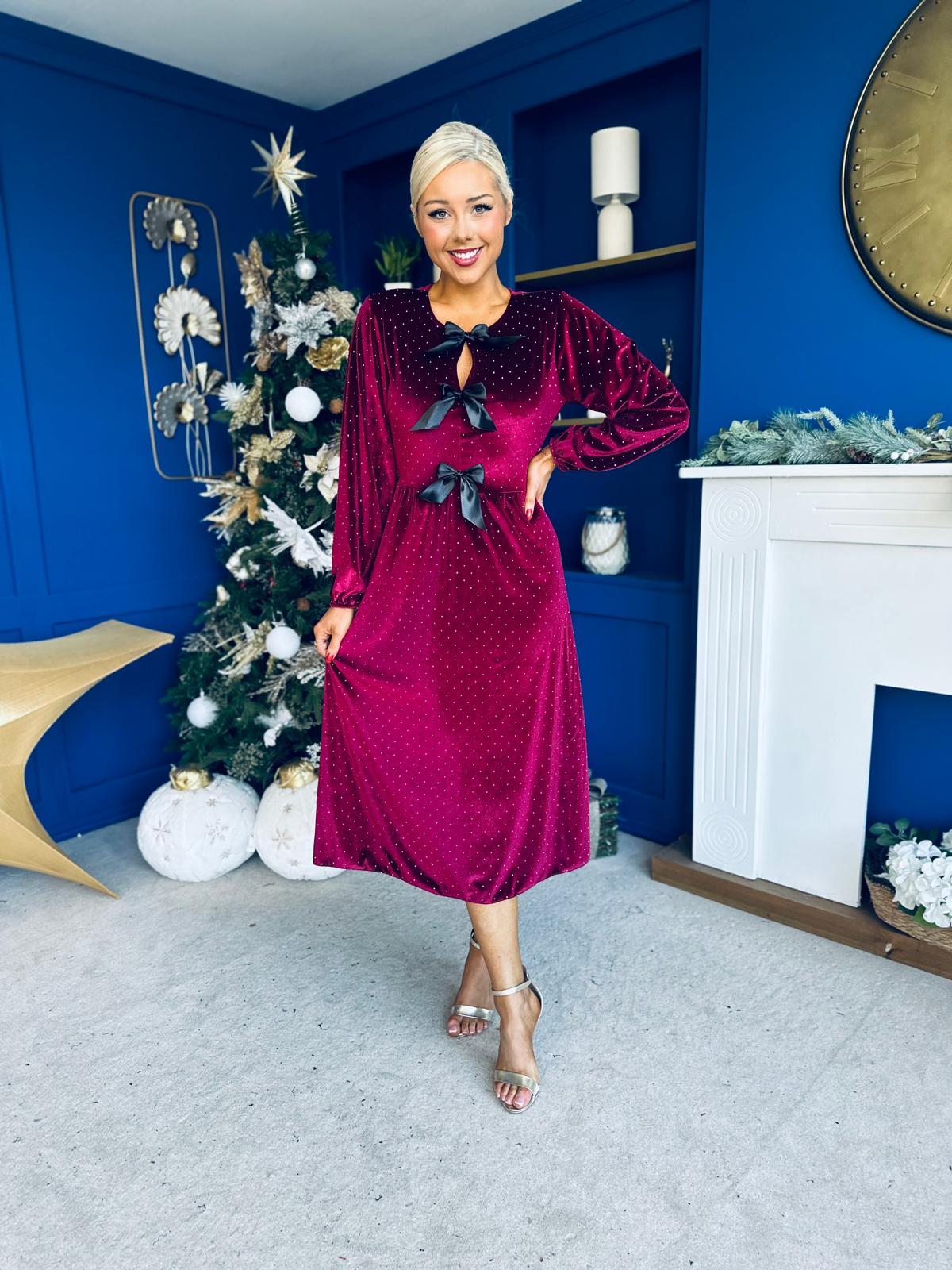 Michelle Bow Detail Studded Velvet Midi Dress Wine