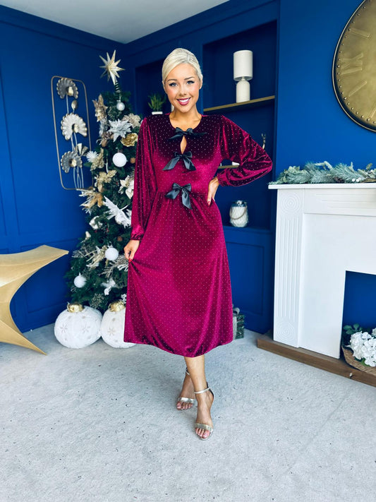 Michelle Bow Detail Studded Velvet Midi Dress Wine