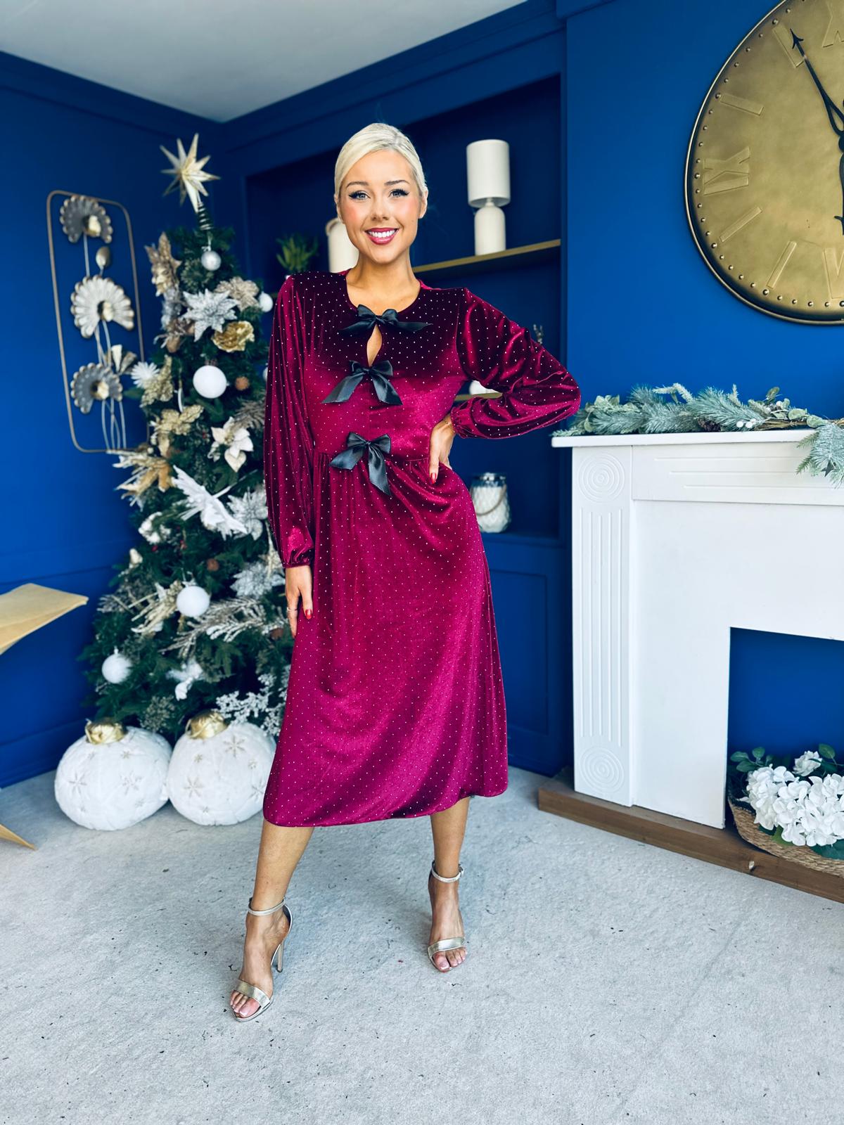 Michelle Bow Detail Studded Velvet Midi Dress Wine