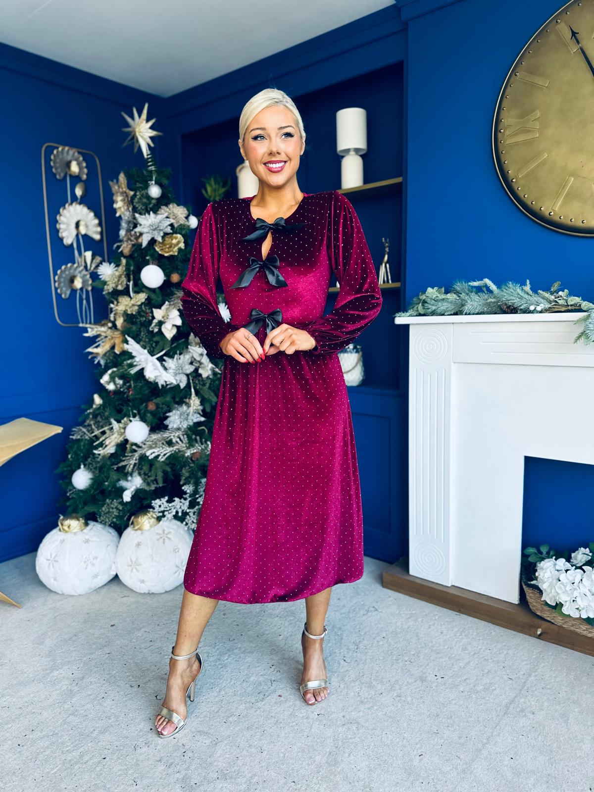 Michelle Bow Detail Studded Velvet Midi Dress Wine