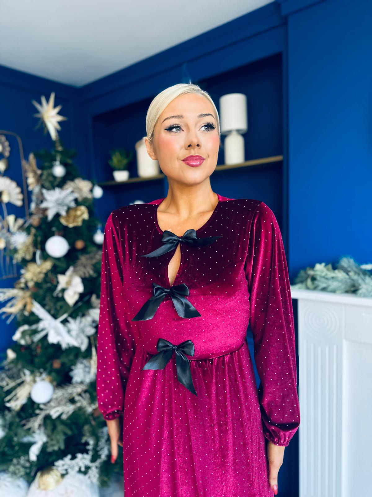 Michelle Bow Detail Studded Velvet Midi Dress Wine