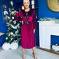 Michelle Bow Detail Studded Velvet Midi Dress Wine