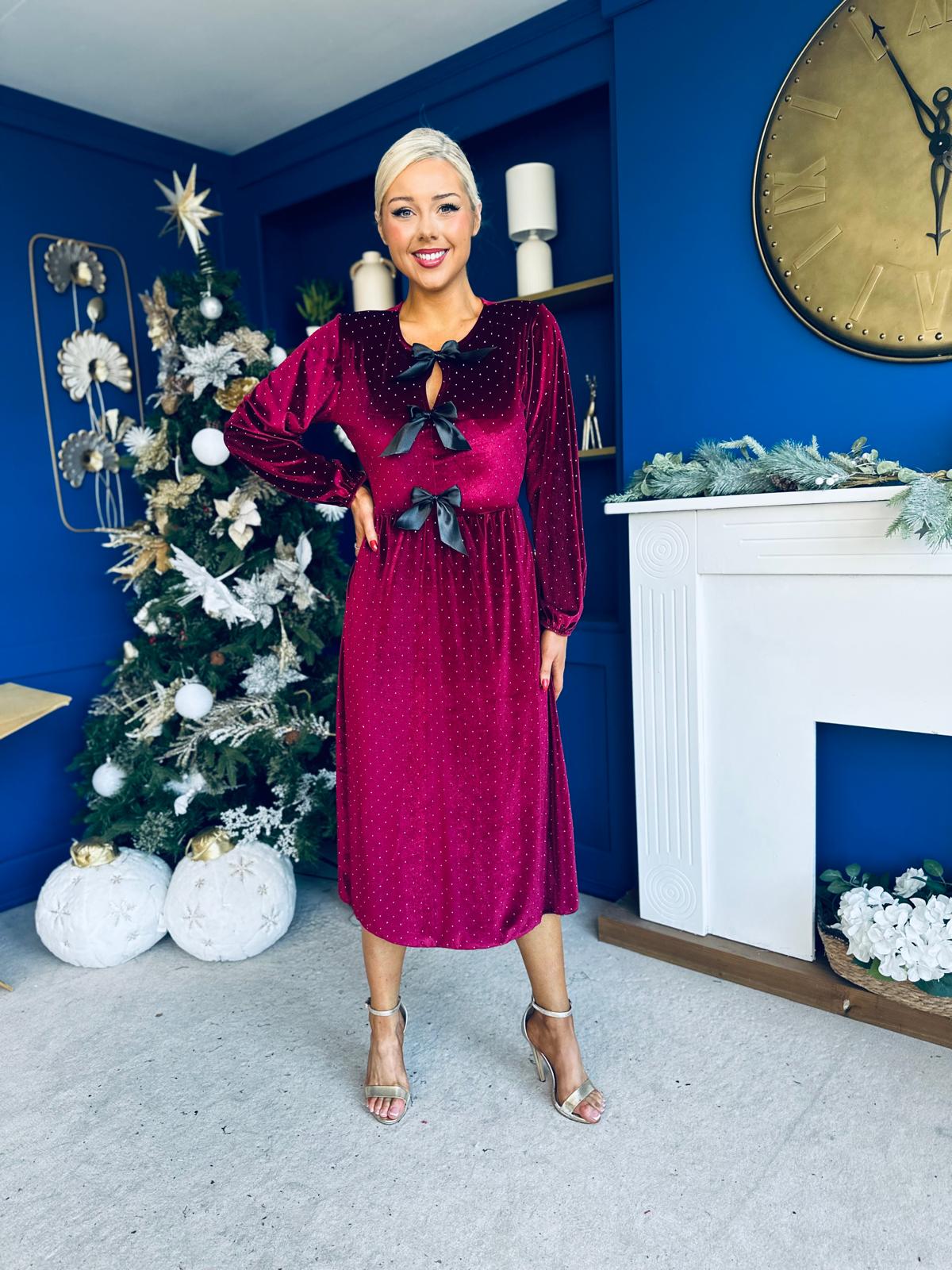 Michelle Bow Detail Studded Velvet Midi Dress Wine