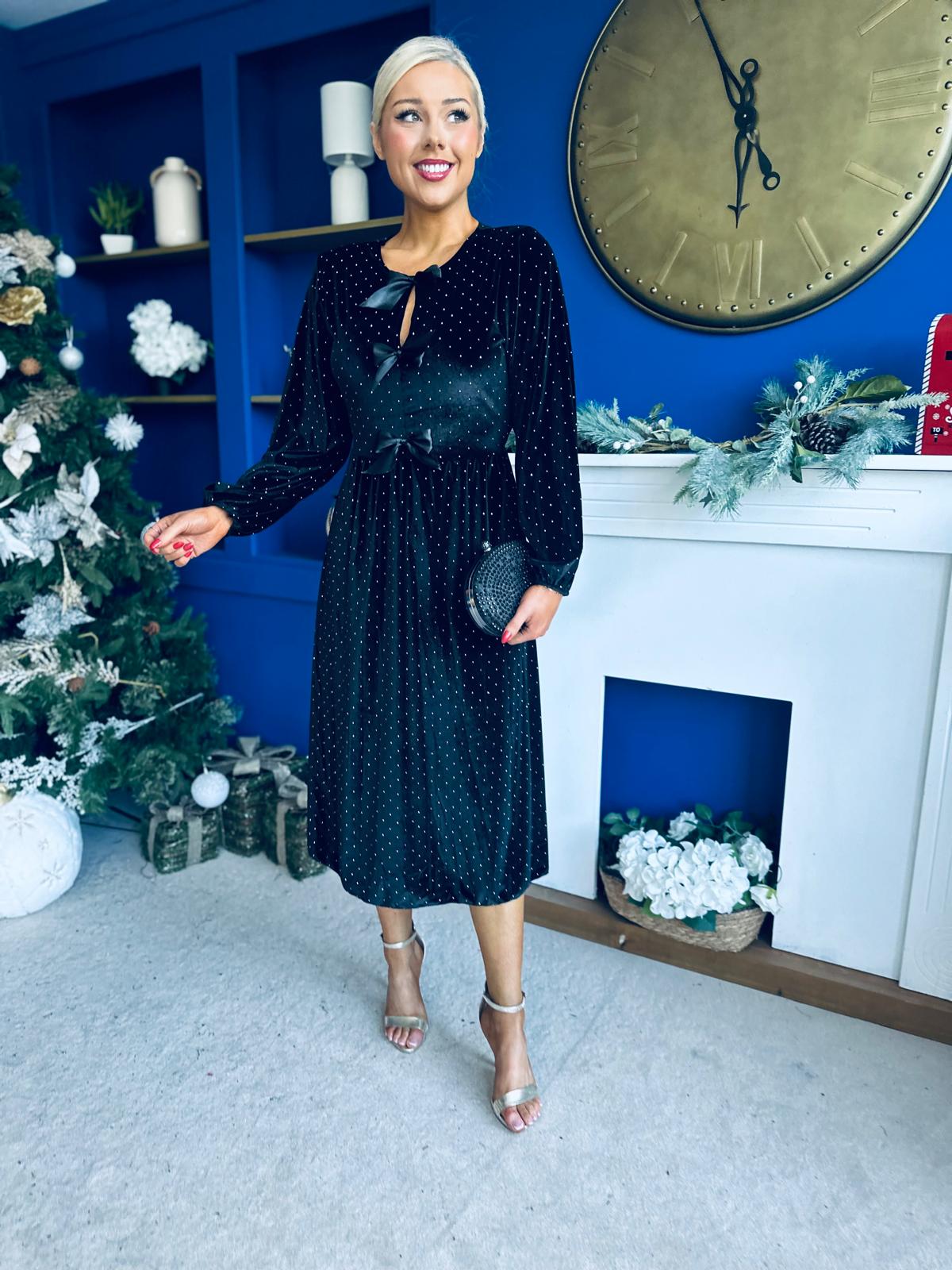 Michelle Bow Detail Studded Velvet Midi Dress Black