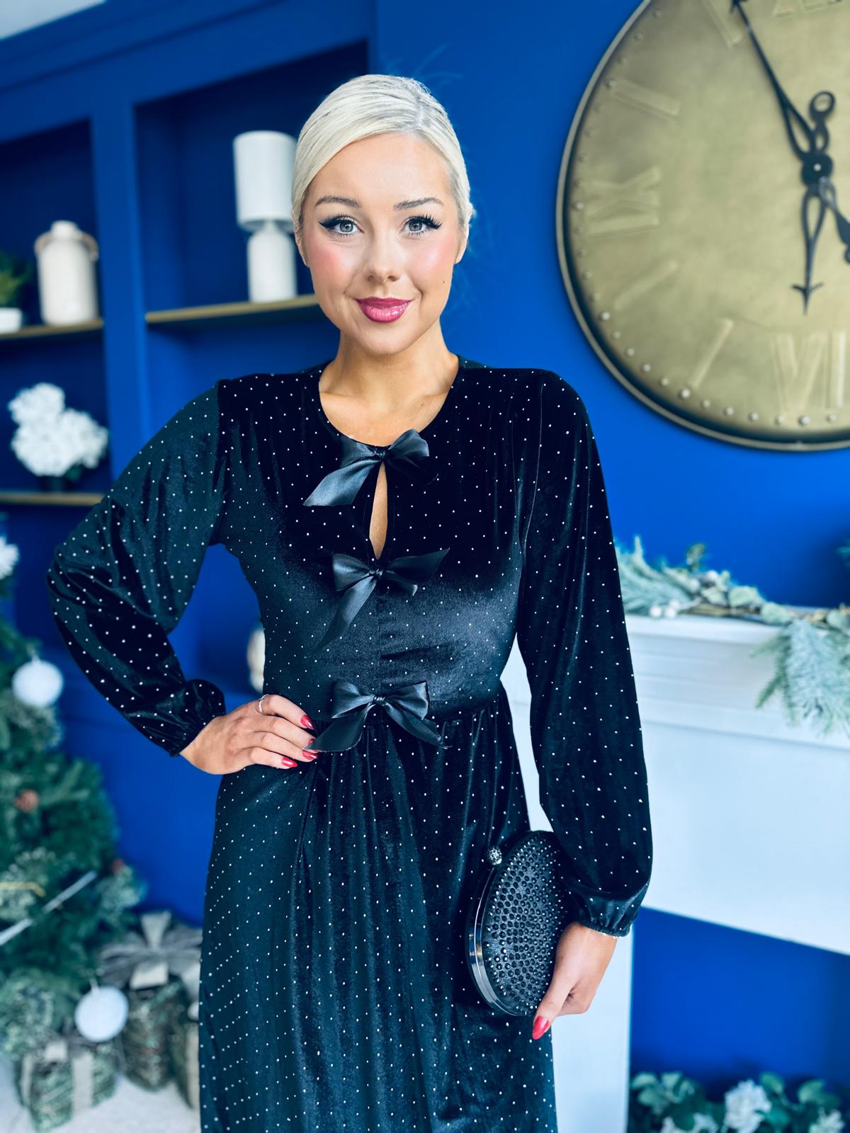 Michelle Bow Detail Studded Velvet Midi Dress Black