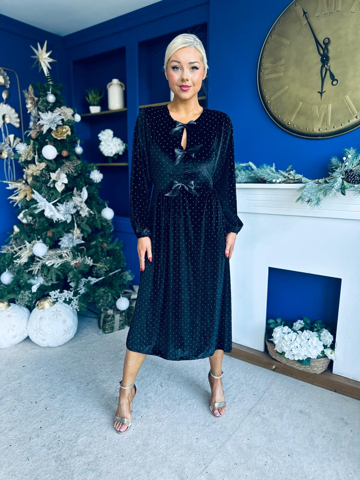 Michelle Bow Detail Studded Velvet Midi Dress Black