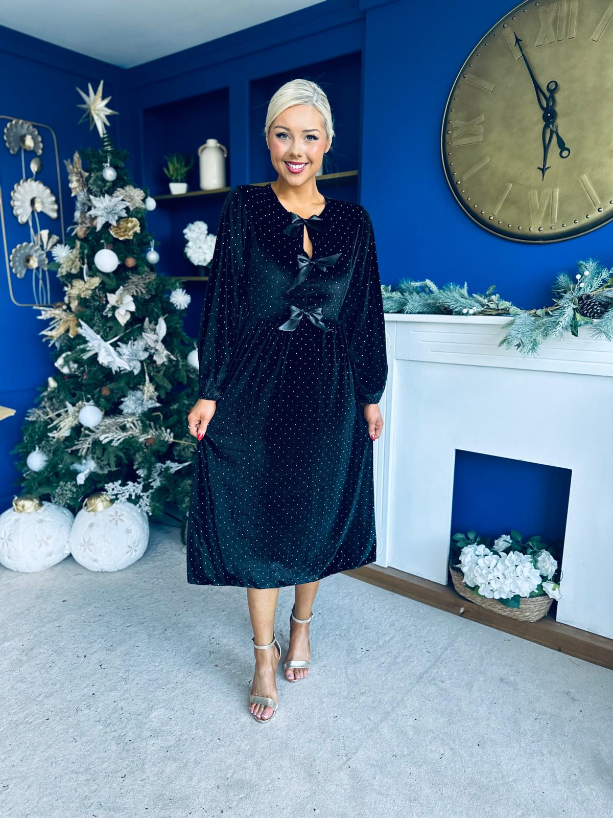 Michelle Bow Detail Studded Velvet Midi Dress Black