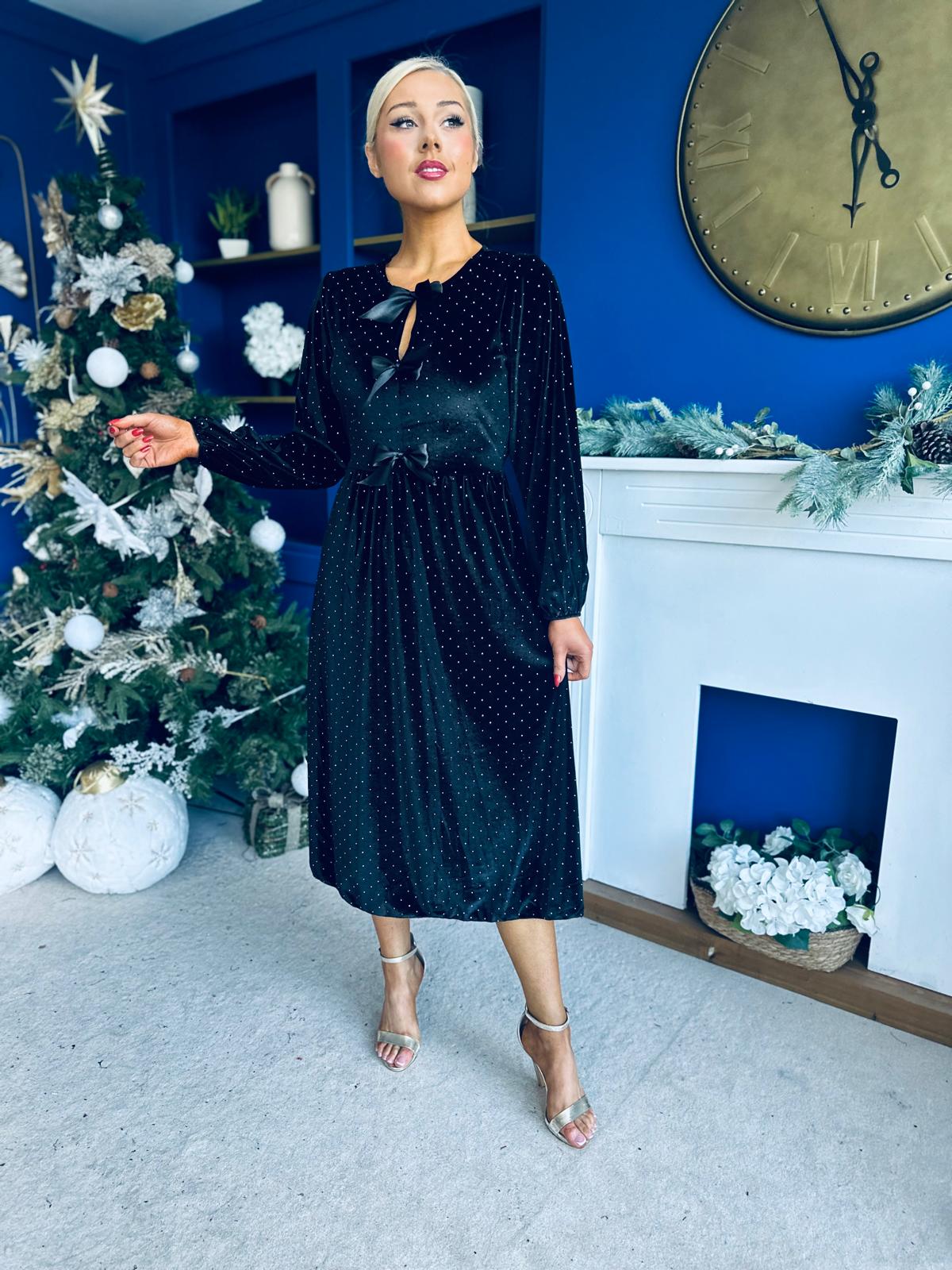 Michelle Bow Detail Studded Velvet Midi Dress Black