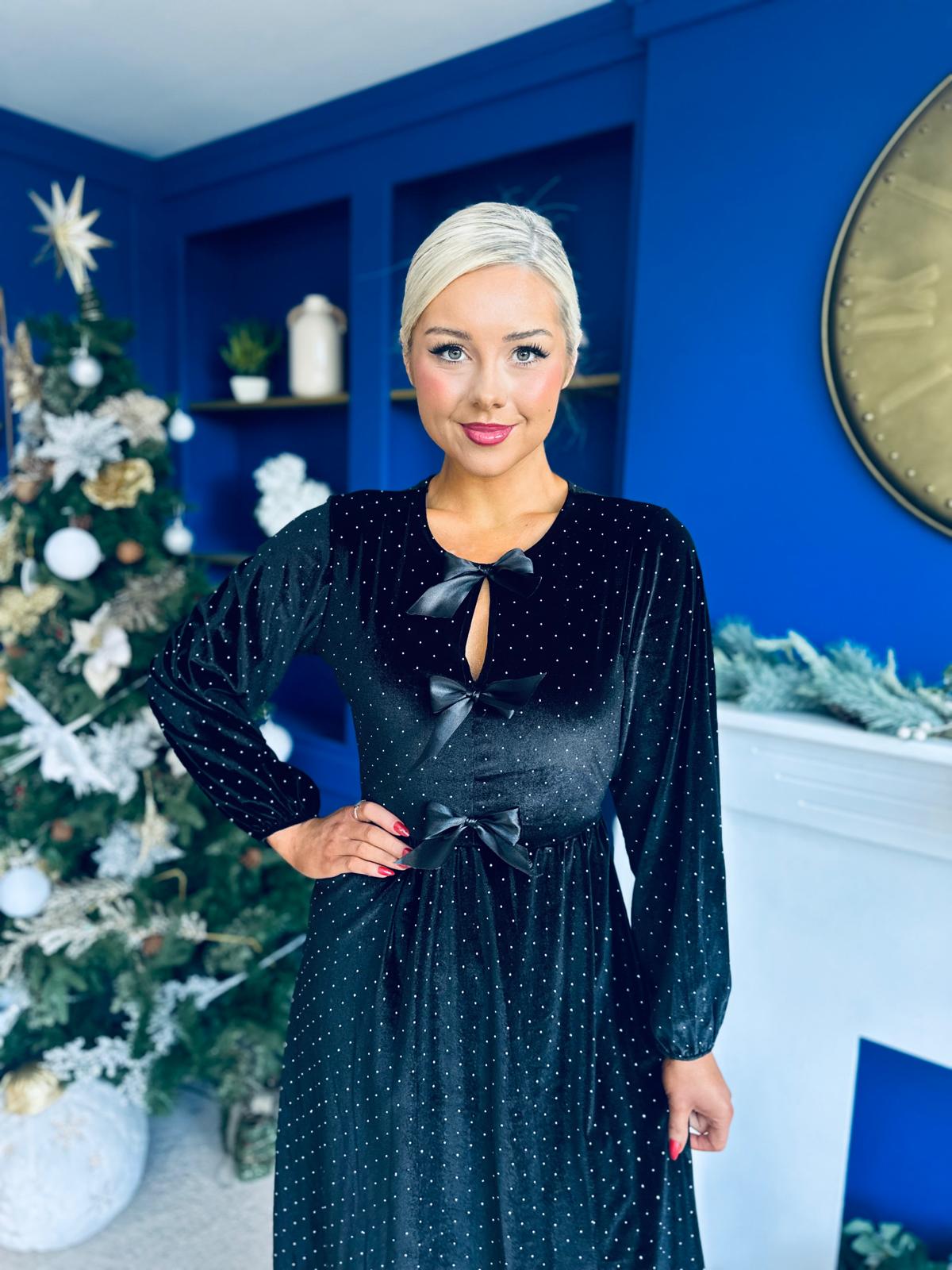 Michelle Bow Detail Studded Velvet Midi Dress Black