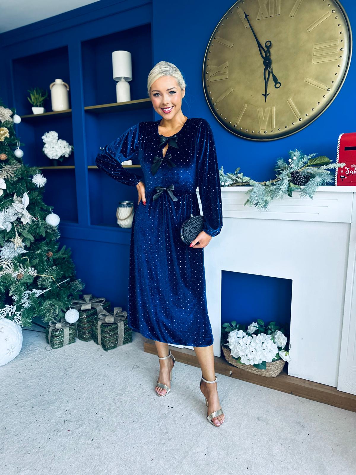 Michelle Bow Detail Studded Velvet Midi Dress Navy