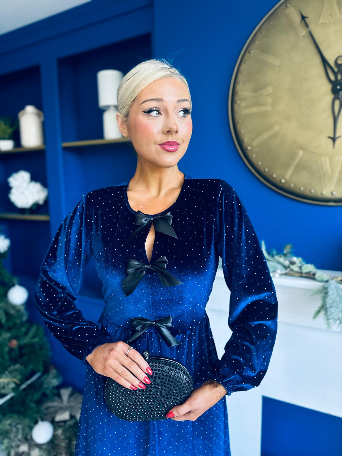 Michelle Bow Detail Studded Velvet Midi Dress Navy