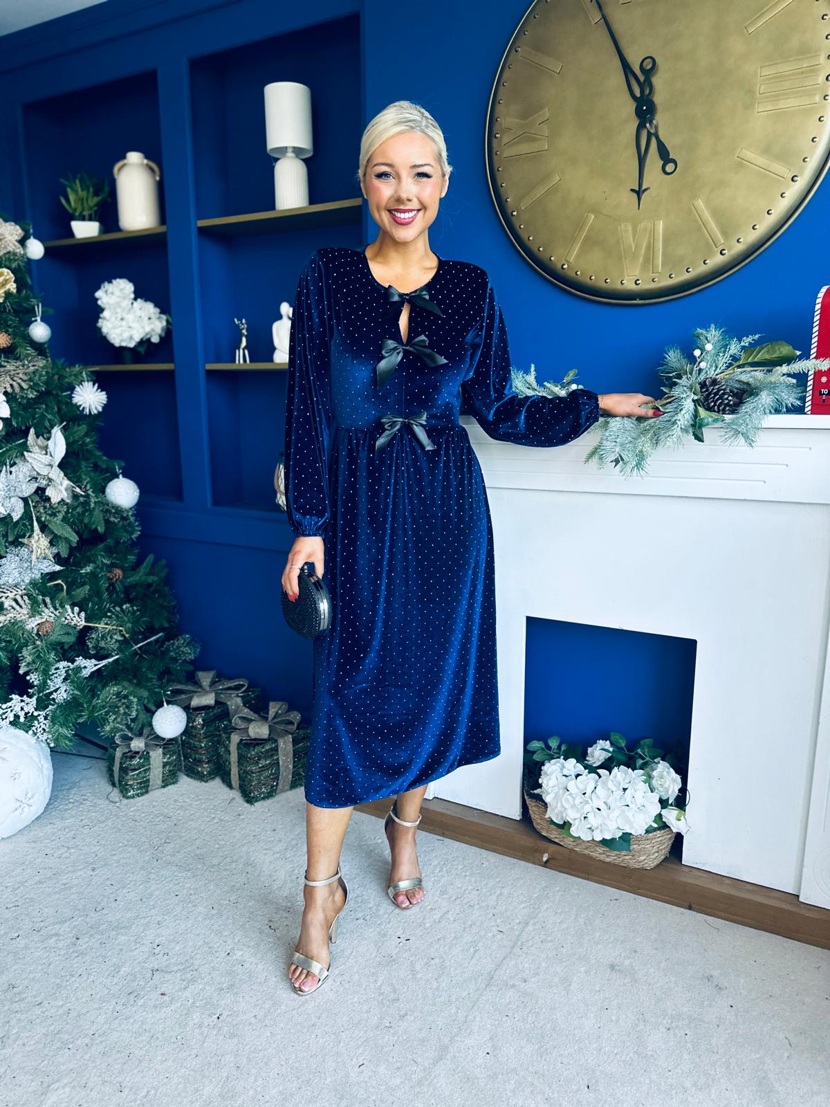 Michelle Bow Detail Studded Velvet Midi Dress Navy