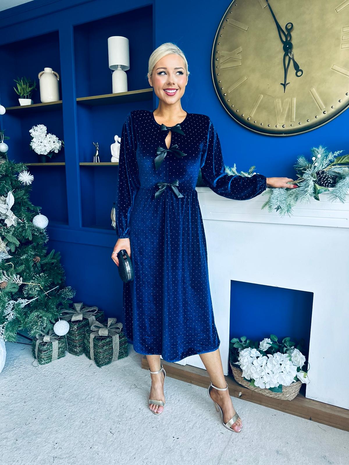 Michelle Bow Detail Studded Velvet Midi Dress Navy