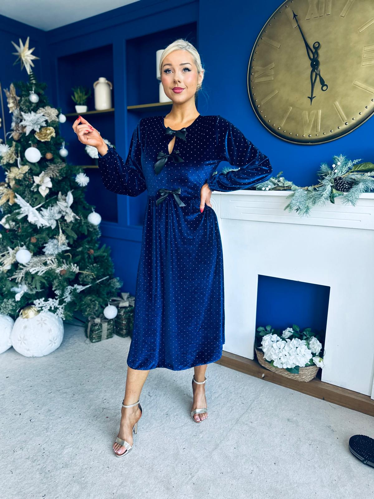 Michelle Bow Detail Studded Velvet Midi Dress Navy