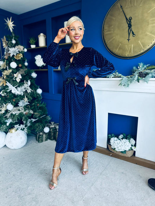 Michelle Bow Detail Studded Velvet Midi Dress Navy