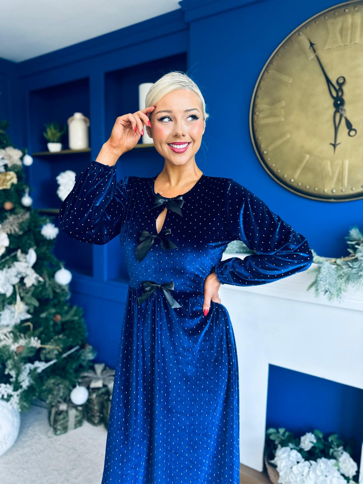 Michelle Bow Detail Studded Velvet Midi Dress Navy