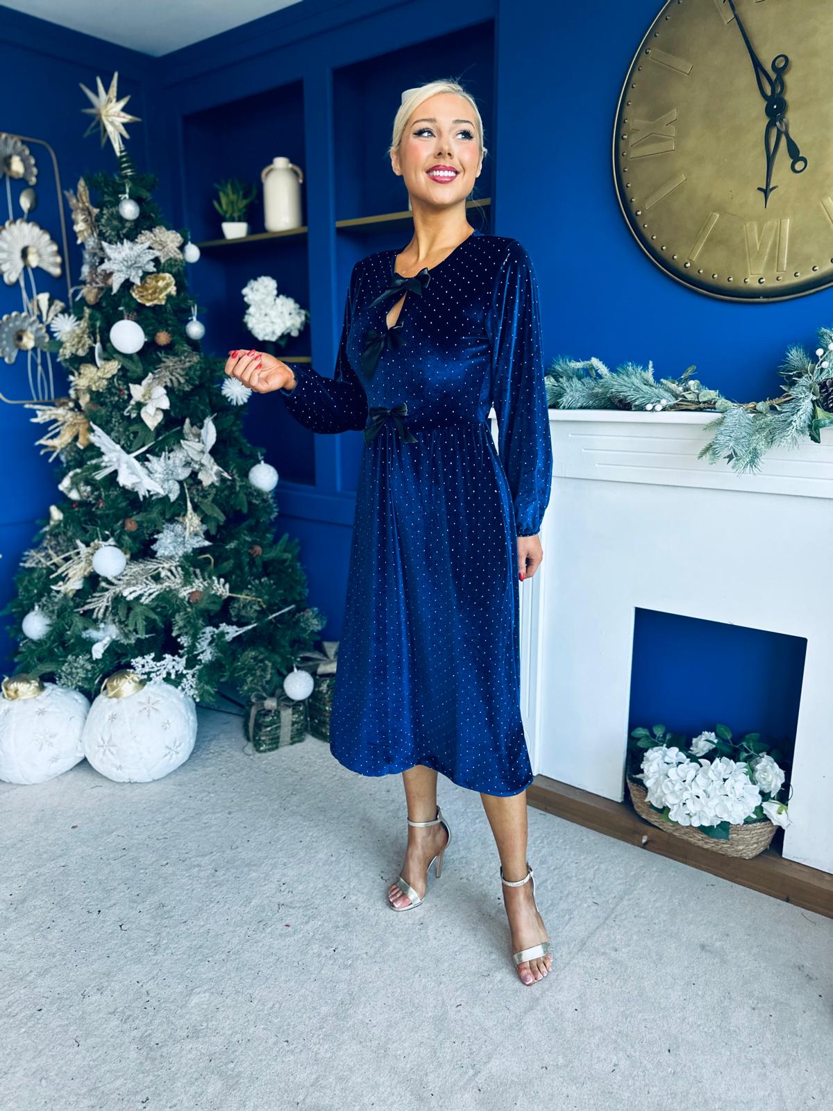 Michelle Bow Detail Studded Velvet Midi Dress Navy