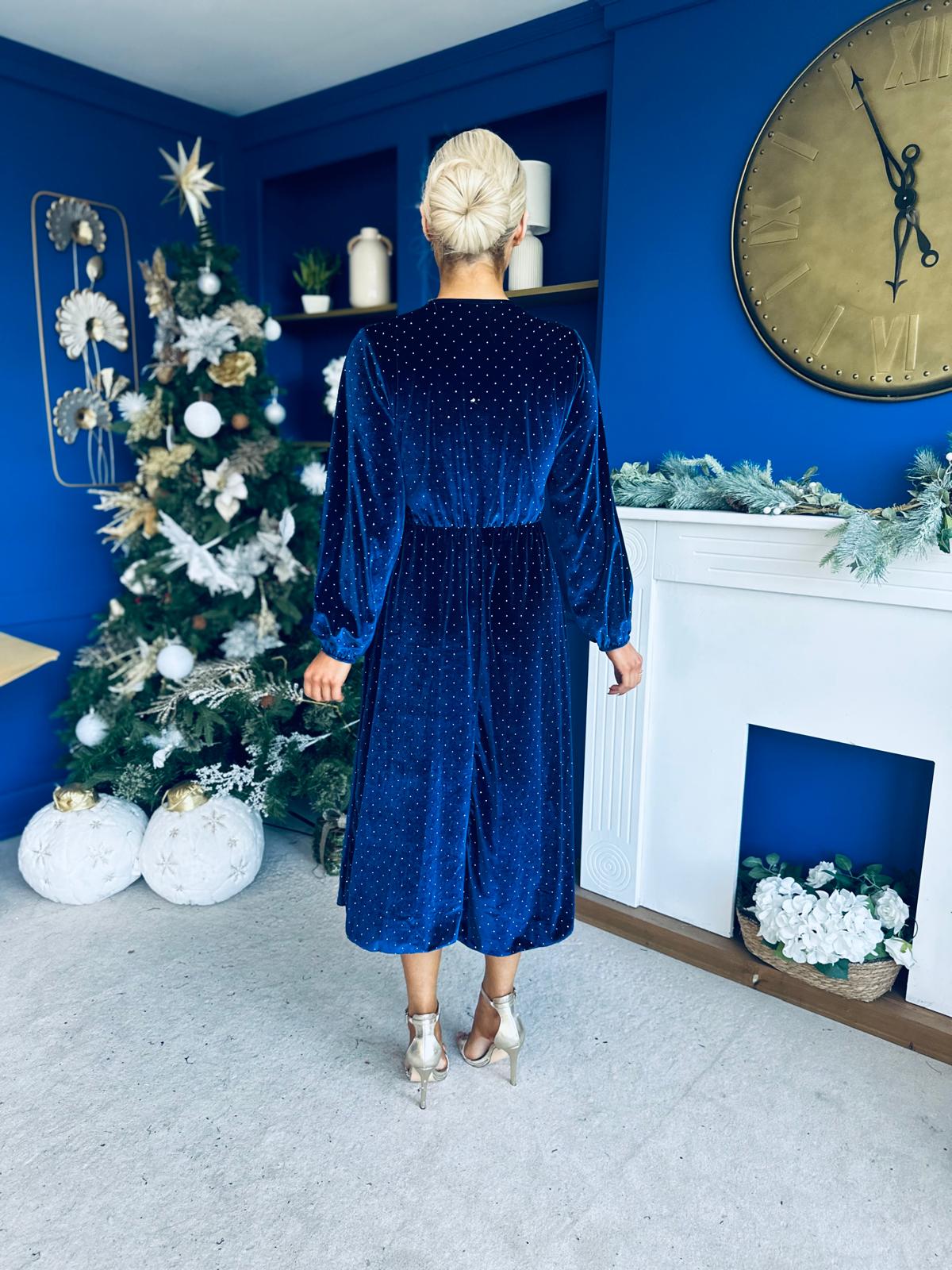 Michelle Bow Detail Studded Velvet Midi Dress Navy