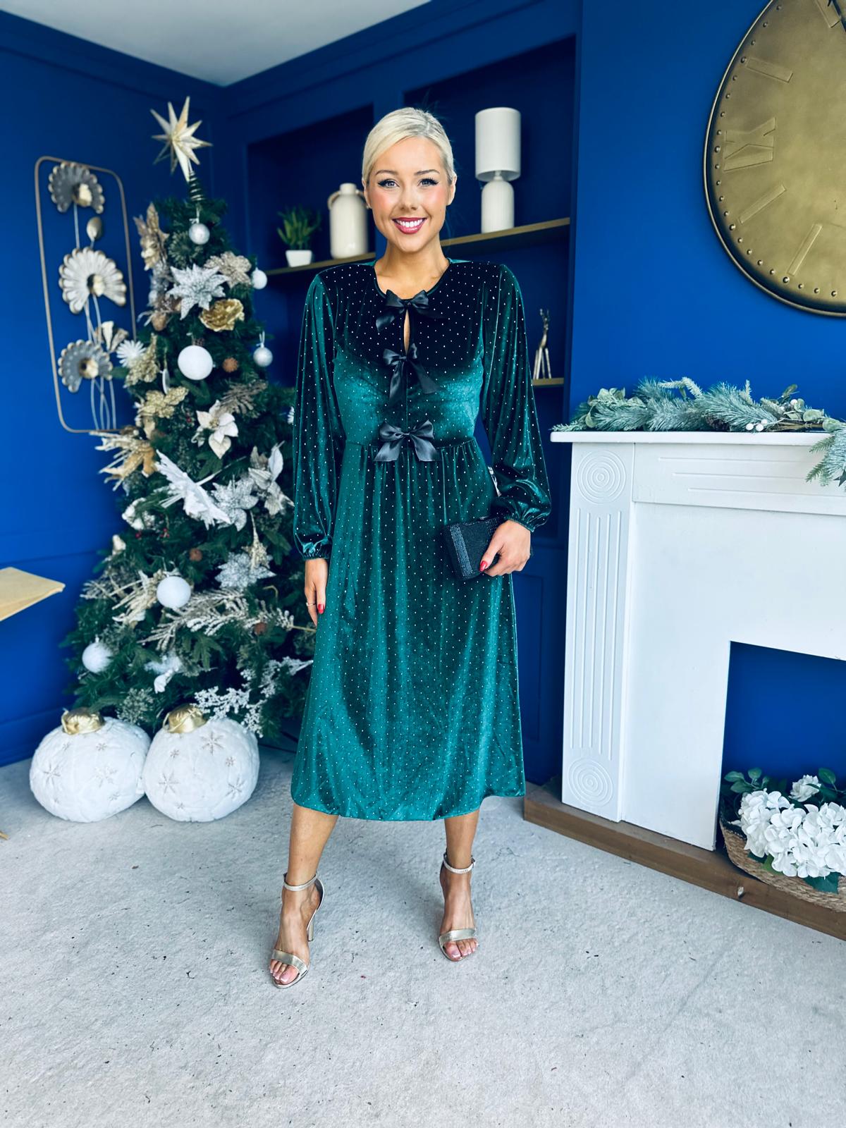 Michelle Bow Detail Studded Velvet Midi Dress Forest