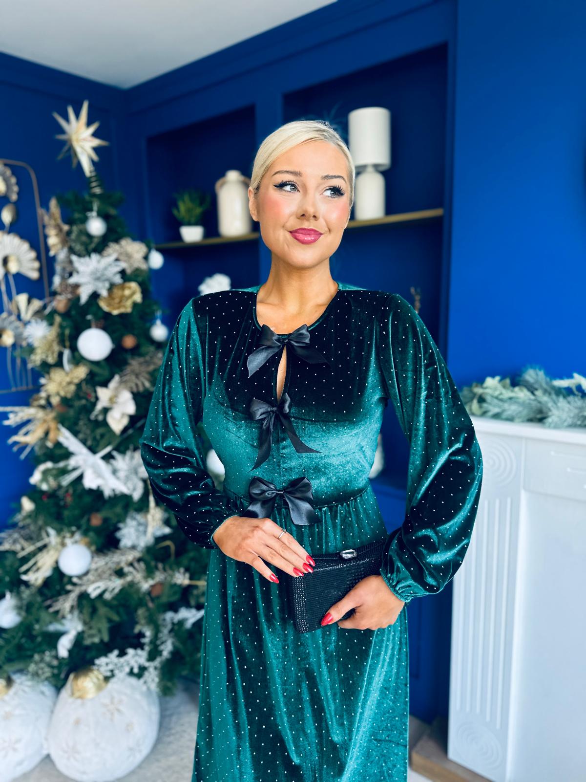 Michelle Bow Detail Studded Velvet Midi Dress Forest