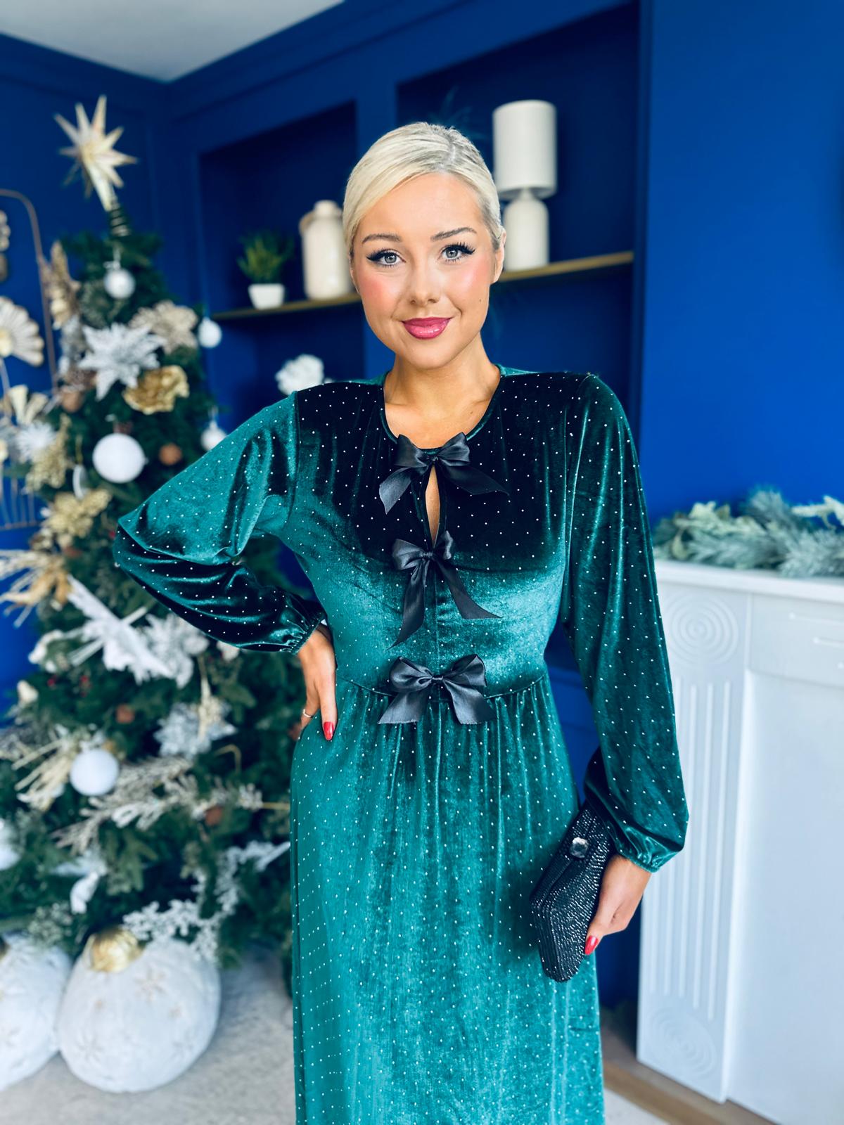 Michelle Bow Detail Studded Velvet Midi Dress Forest