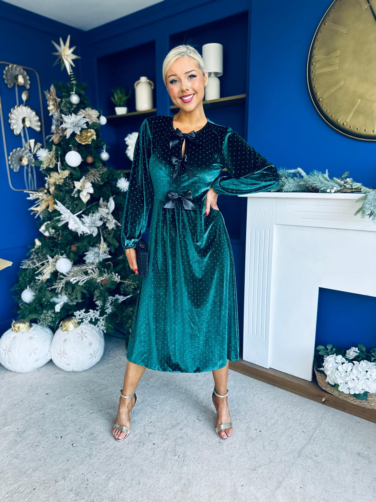 Michelle Bow Detail Studded Velvet Midi Dress Forest