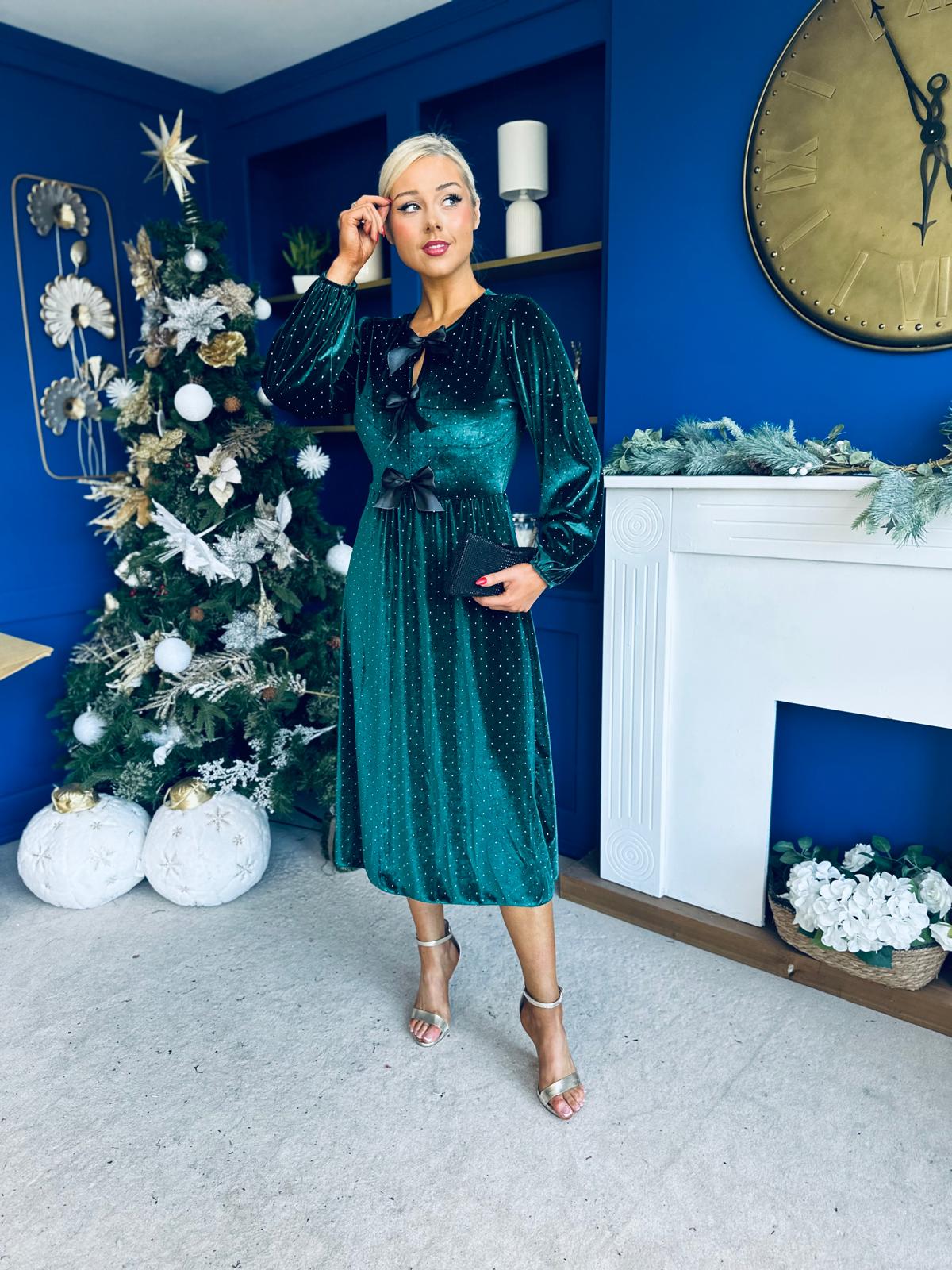 Michelle Bow Detail Studded Velvet Midi Dress Forest