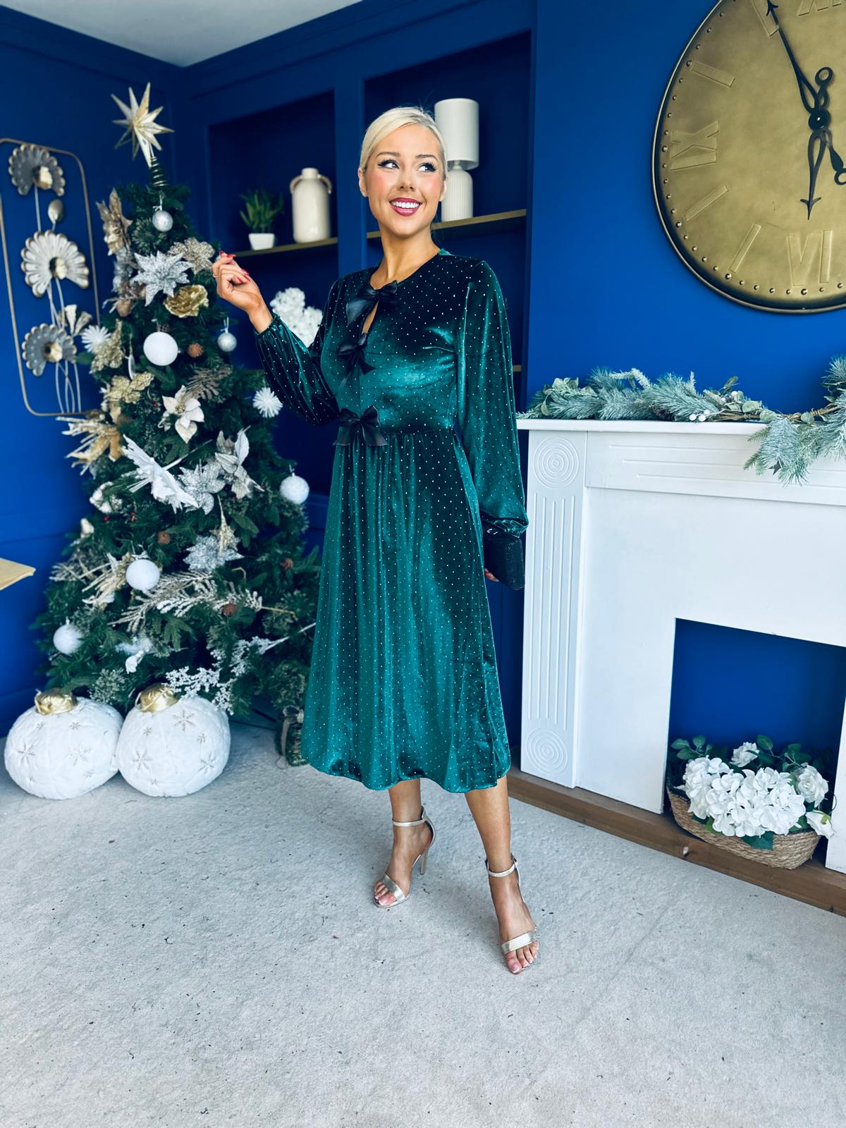 Michelle Bow Detail Studded Velvet Midi Dress Forest