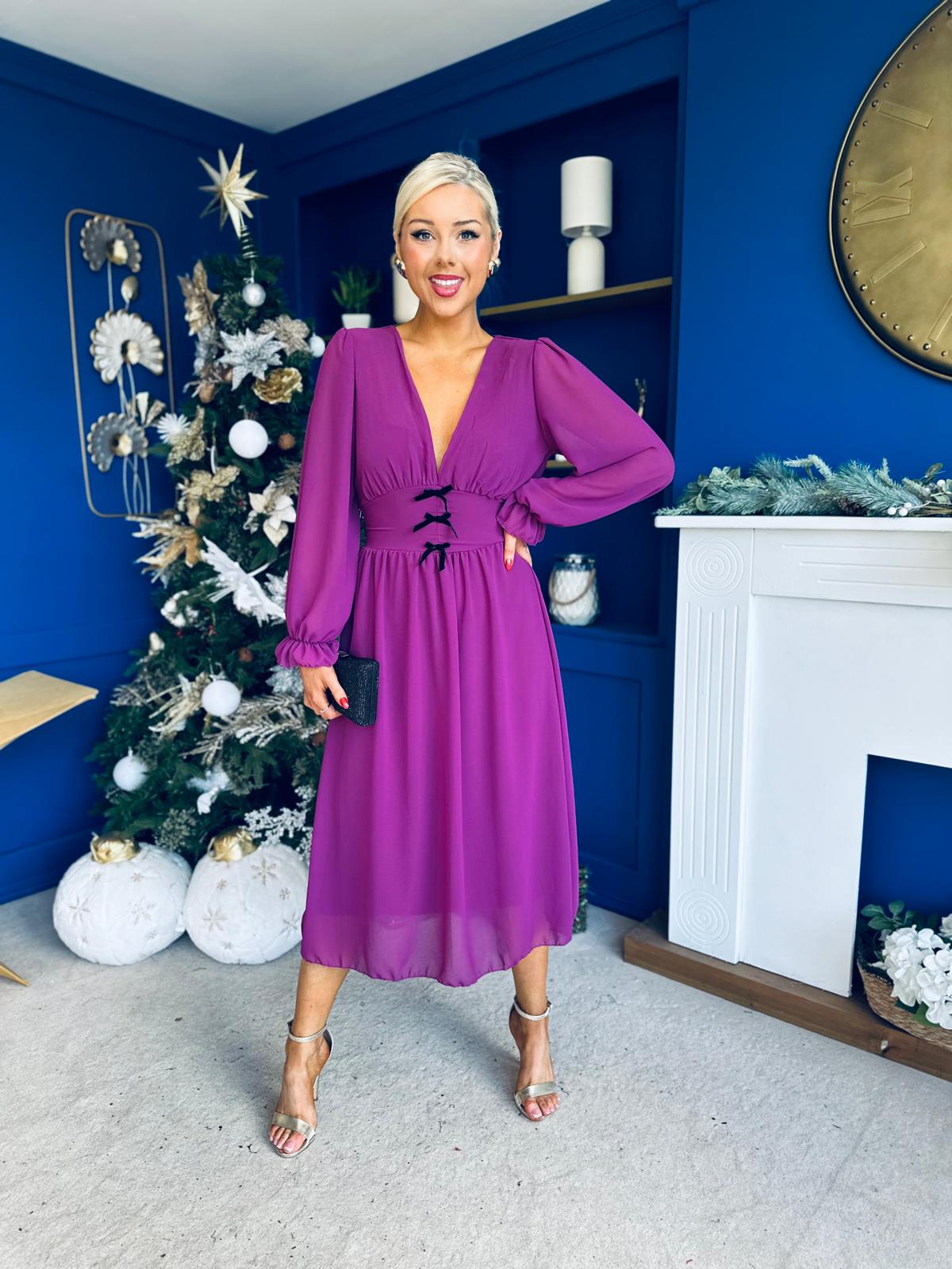 Orlaith Bow Detail Banded Midi Dress Berry