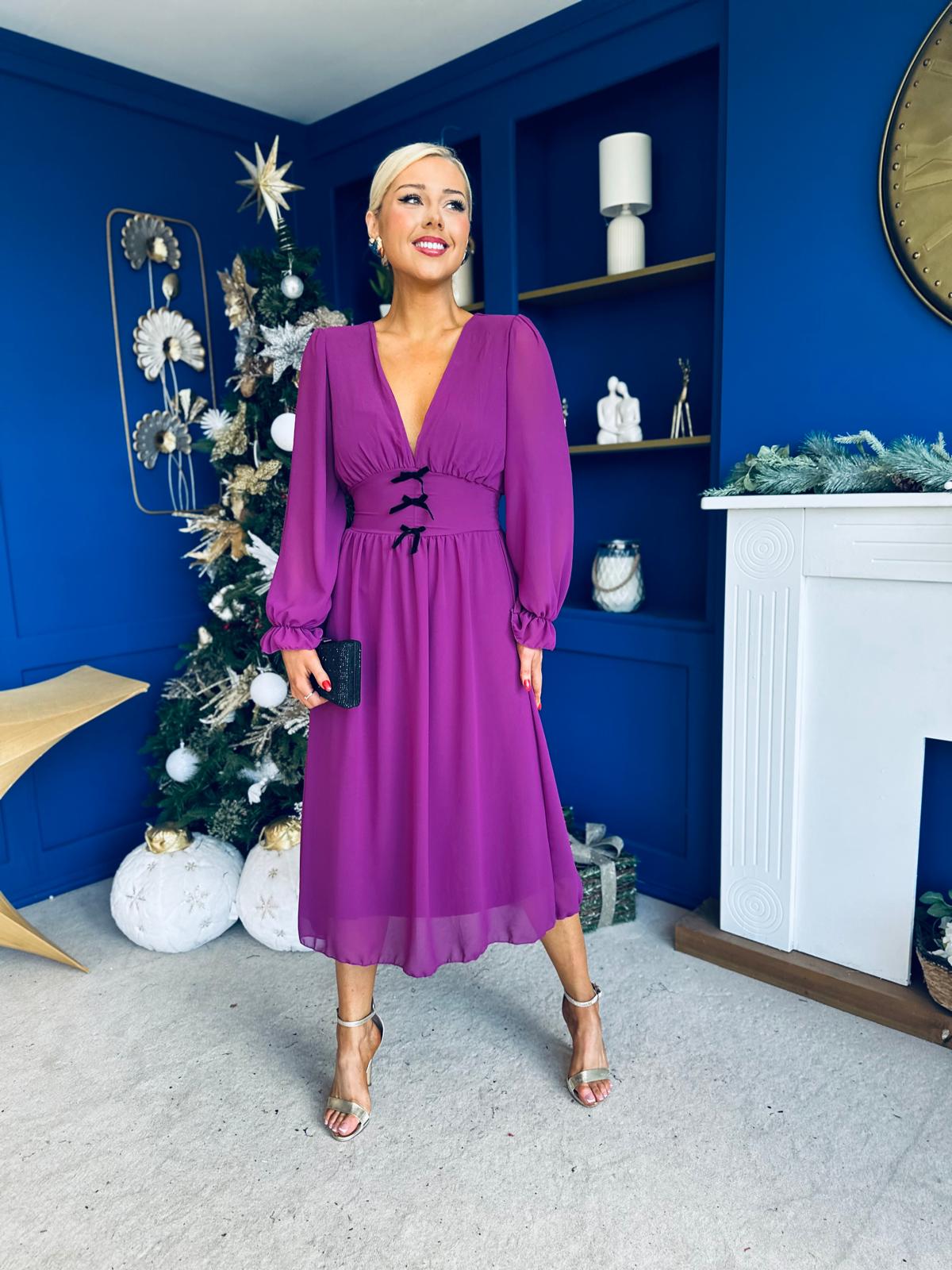 Orlaith Bow Detail Banded Midi Dress Berry