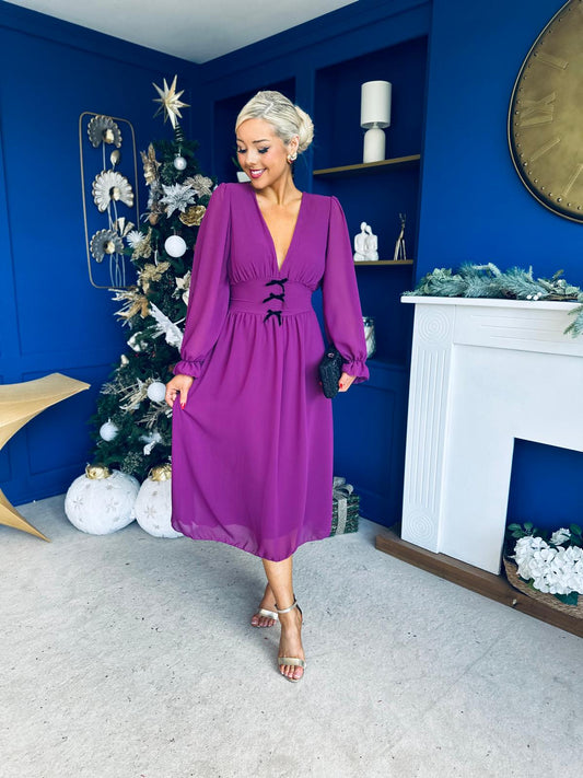 Orlaith Bow Detail Banded Midi Dress Berry